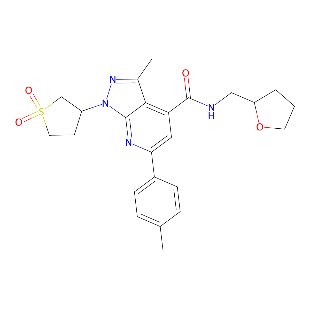 1-(1,1-dioxidotetrahydrothiophen-3-yl)-3-methyl-N-((tetrahydrofuran-2-yl)methyl)-6-(p-tolyl)-1H-pyrazolo[3,4-b]pyridine-4-carboxamide molecular structure, CAS 1021250-00-9