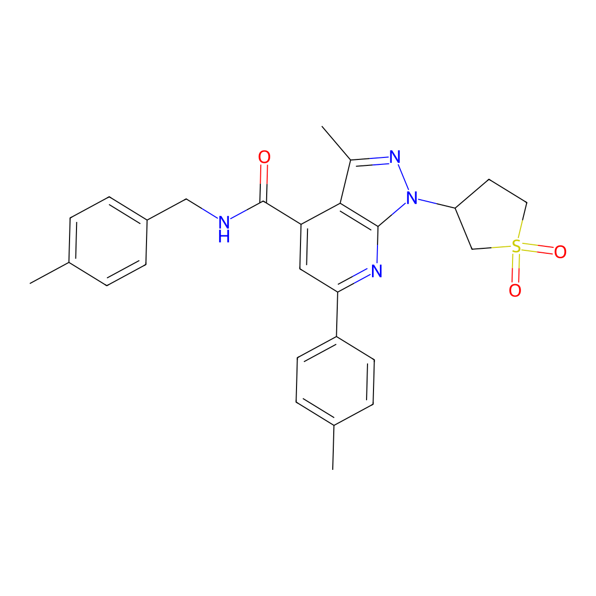 1-(1,1-dioxidotetrahydrothiophen-3-yl)-3-methyl-N-(4-methylbenzyl)-6-(p-tolyl)-1H-pyrazolo[3,4-b]pyridine-4-carboxamide molecular structure, CAS 1021250-03-2