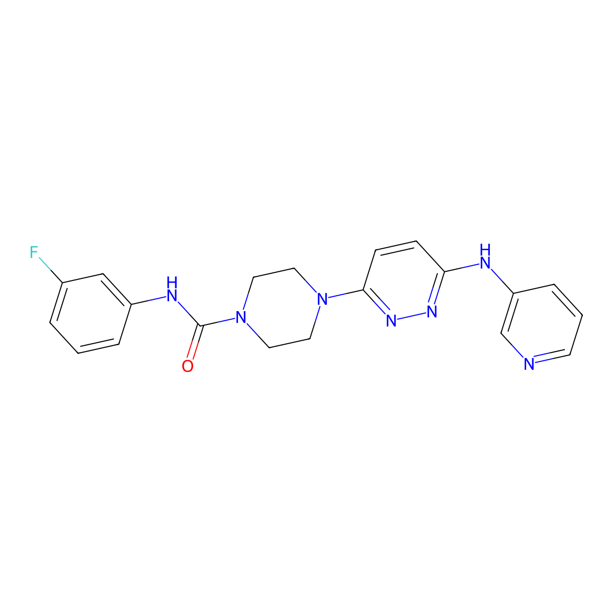 N-(3-fluorophenyl)-4-(6-(pyridin-3-ylamino)pyridazin-3-yl)piperazine-1-carboxamide molecular structure, CAS 1021250-05-4