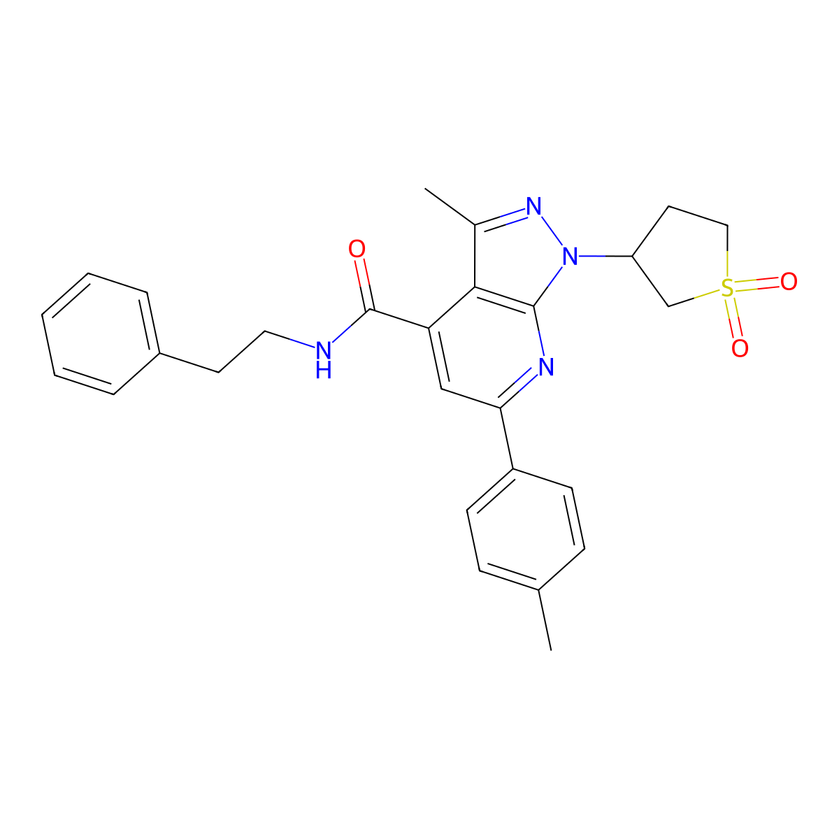 1-(1,1-dioxidotetrahydrothiophen-3-yl)-3-methyl-N-phenethyl-6-(p-tolyl)-1H-pyrazolo[3,4-b]pyridine-4-carboxamide molecular structure, CAS 1021250-11-2
