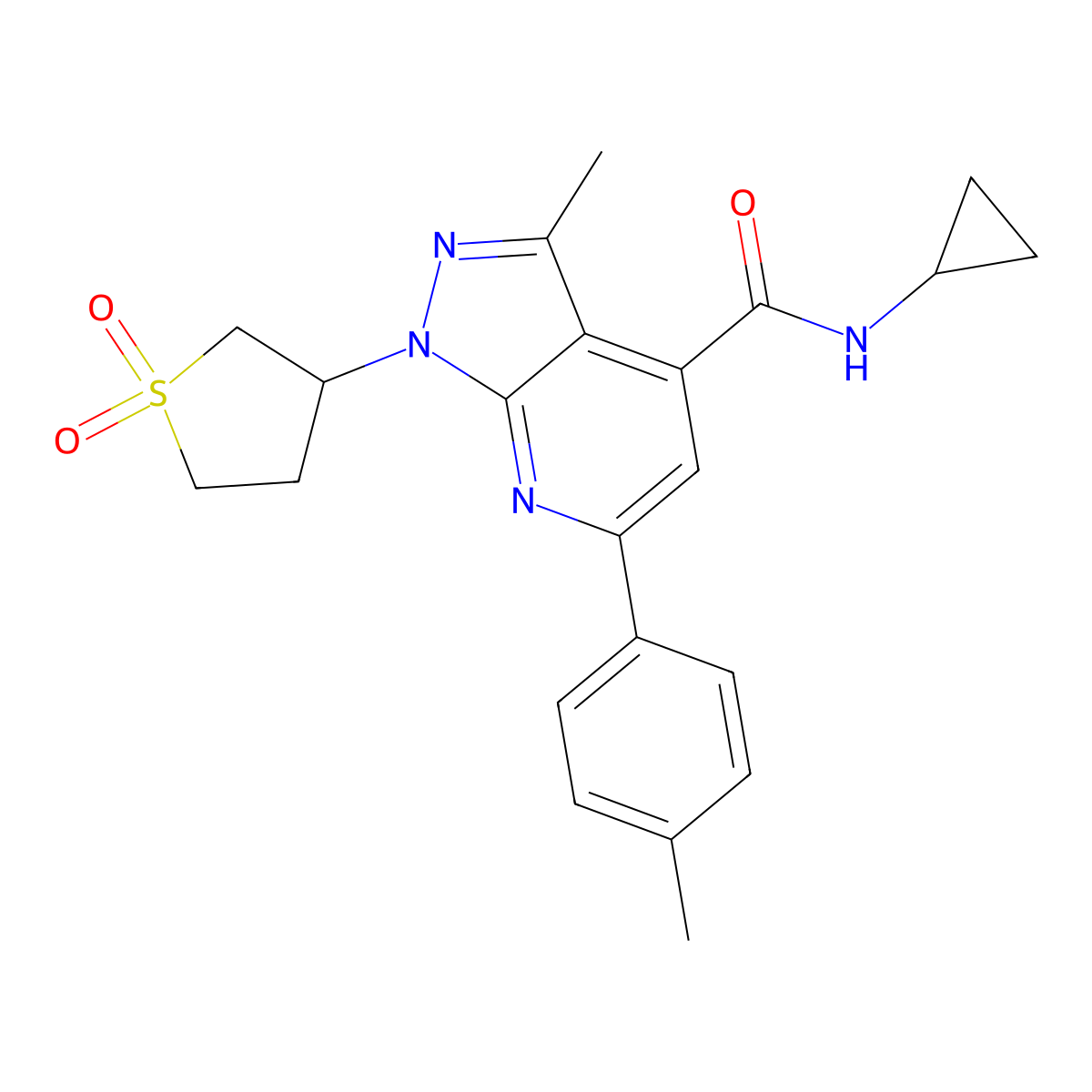N-cyclopropyl-1-(1,1-dioxidotetrahydrothiophen-3-yl)-3-methyl-6-(p-tolyl)-1H-pyrazolo[3,4-b]pyridine-4-carboxamide molecular structure, CAS 1021250-19-0