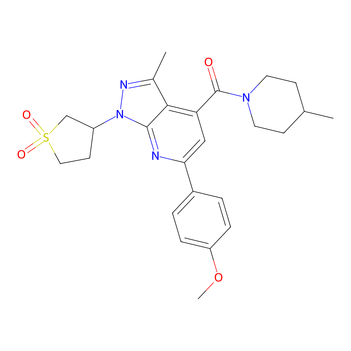 (1-(1,1-dioxidotetrahydrothiophen-3-yl)-6-(4-methoxyphenyl)-3-methyl-1H-pyrazolo[3,4-b]pyridin-4-yl)(4-methylpiperidin-1-yl)methanone molecular structure, CAS 1021250-28-1