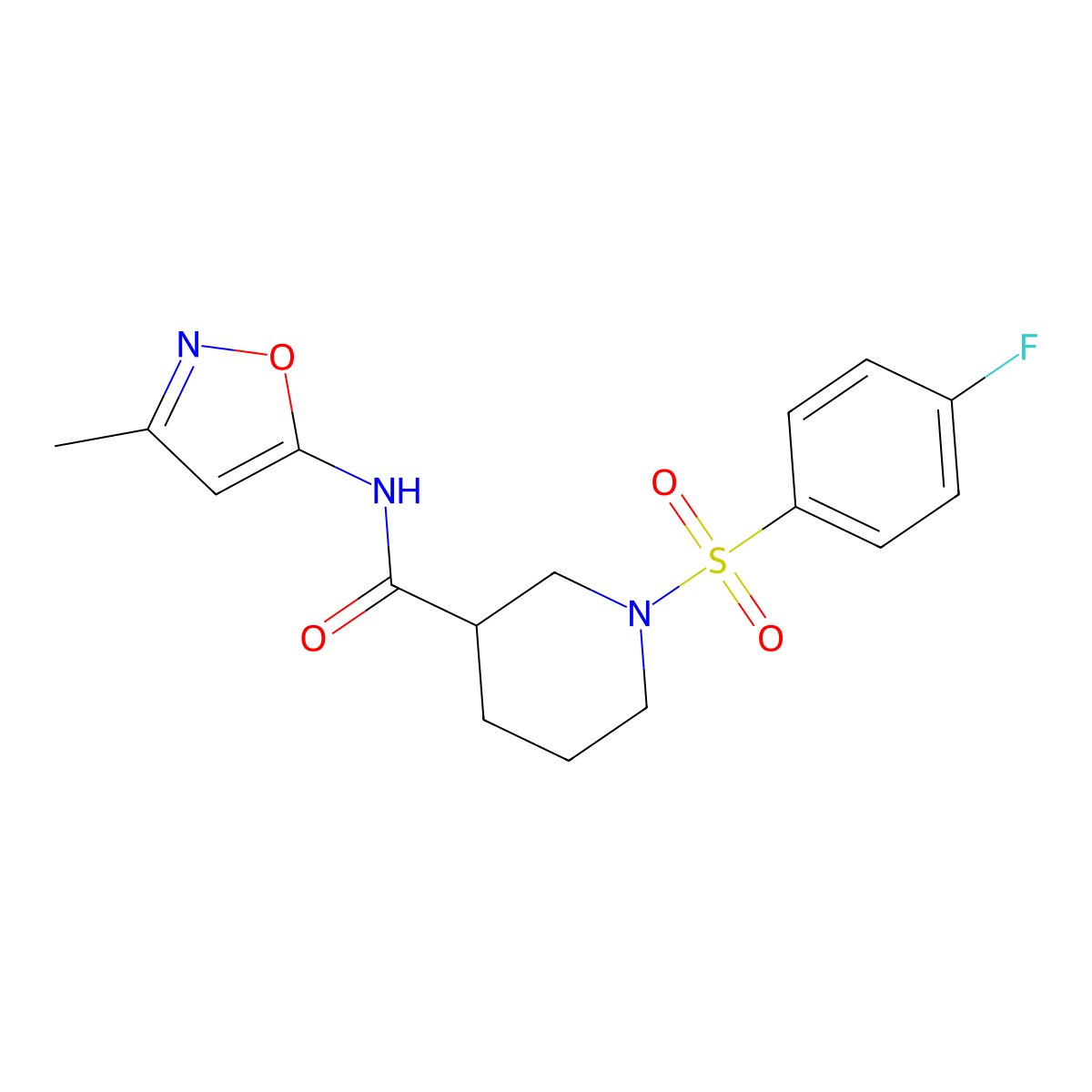 1-((4-fluorophenyl)sulfonyl)-N-(3-methylisoxazol-5-yl)piperidine-3-carboxamide molecular structure, CAS 1021250-30-5