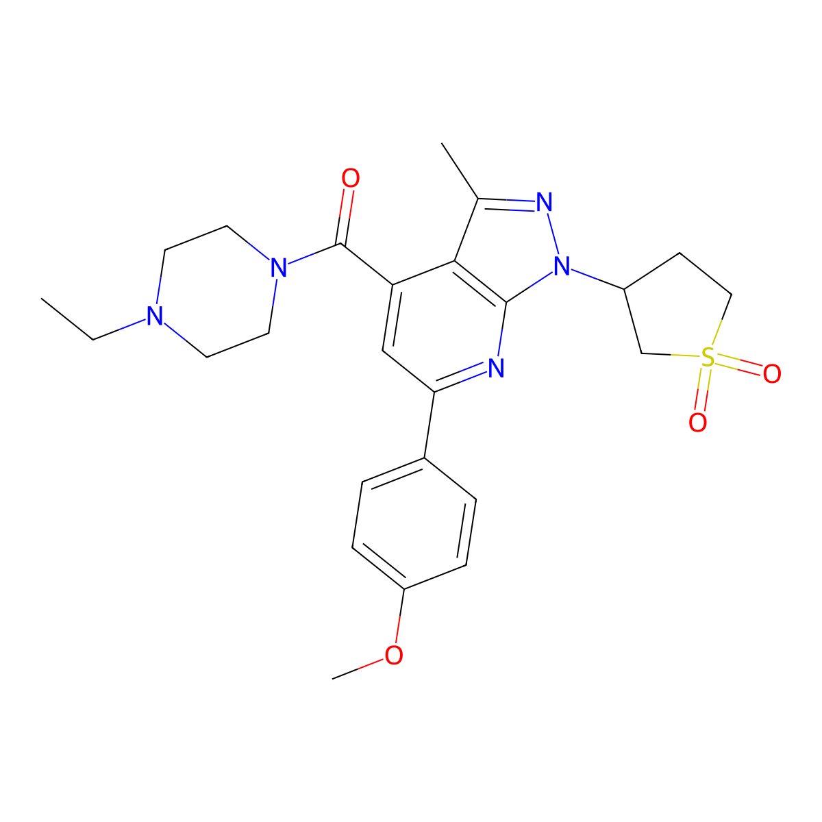 (1-(1,1-dioxidotetrahydrothiophen-3-yl)-6-(4-methoxyphenyl)-3-methyl-1H-pyrazolo[3,4-b]pyridin-4-yl)(4-ethylpiperazin-1-yl)methanone molecular structure, CAS 1021250-32-7