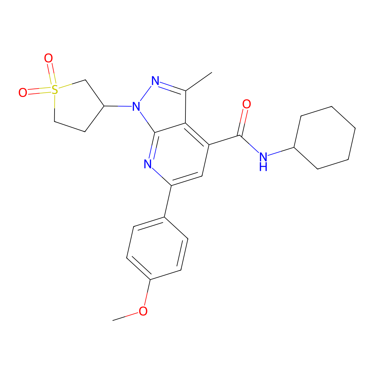 N-cyclohexyl-1-(1,1-dioxidotetrahydrothiophen-3-yl)-6-(4-methoxyphenyl)-3-methyl-1H-pyrazolo[3,4-b]pyridine-4-carboxamide molecular structure, CAS 1021250-36-1