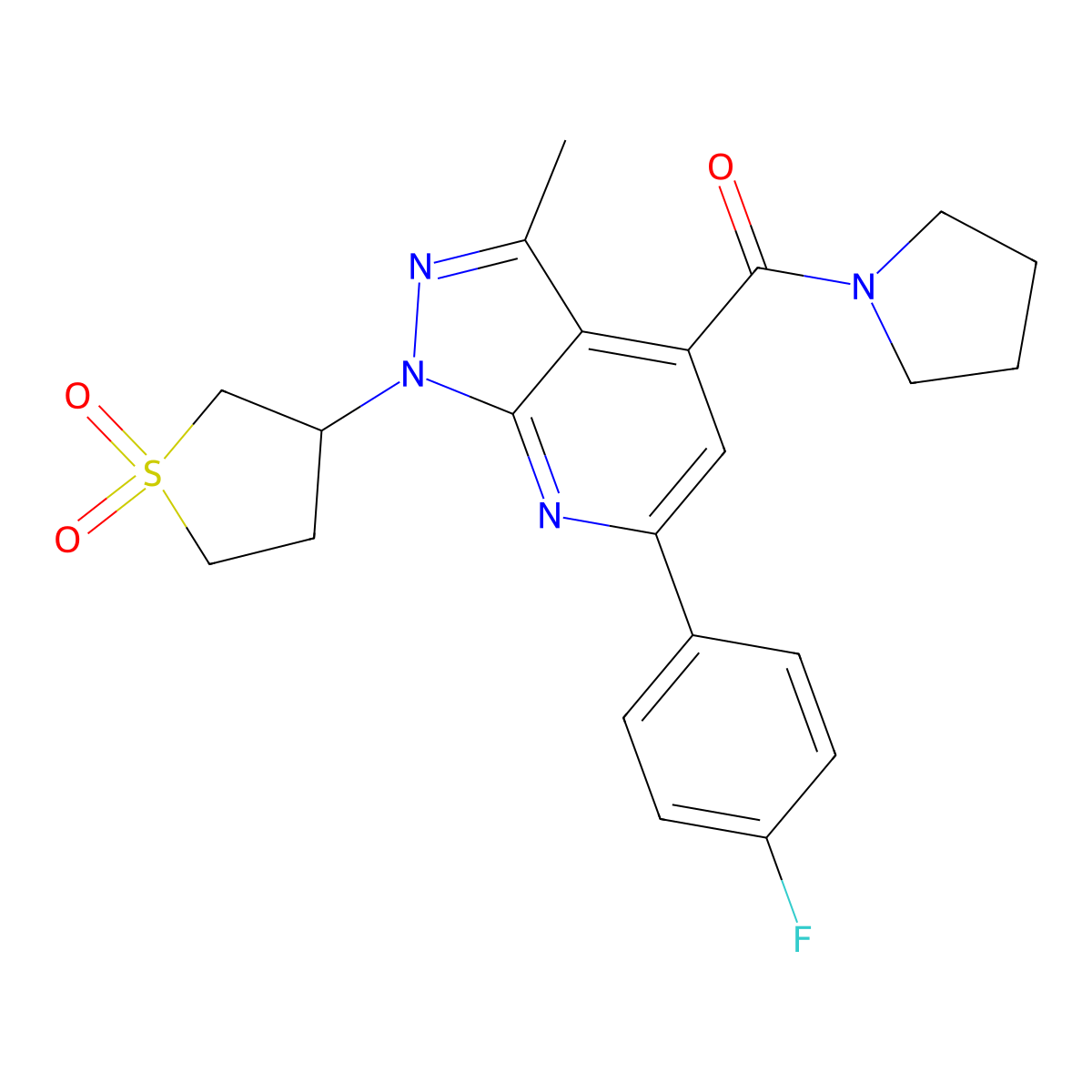 (1-(1,1-dioxidotetrahydrothiophen-3-yl)-6-(4-fluorophenyl)-3-methyl-1H-pyrazolo[3,4-b]pyridin-4-yl)(pyrrolidin-1-yl)methanone molecular structure, CAS 1021250-40-7