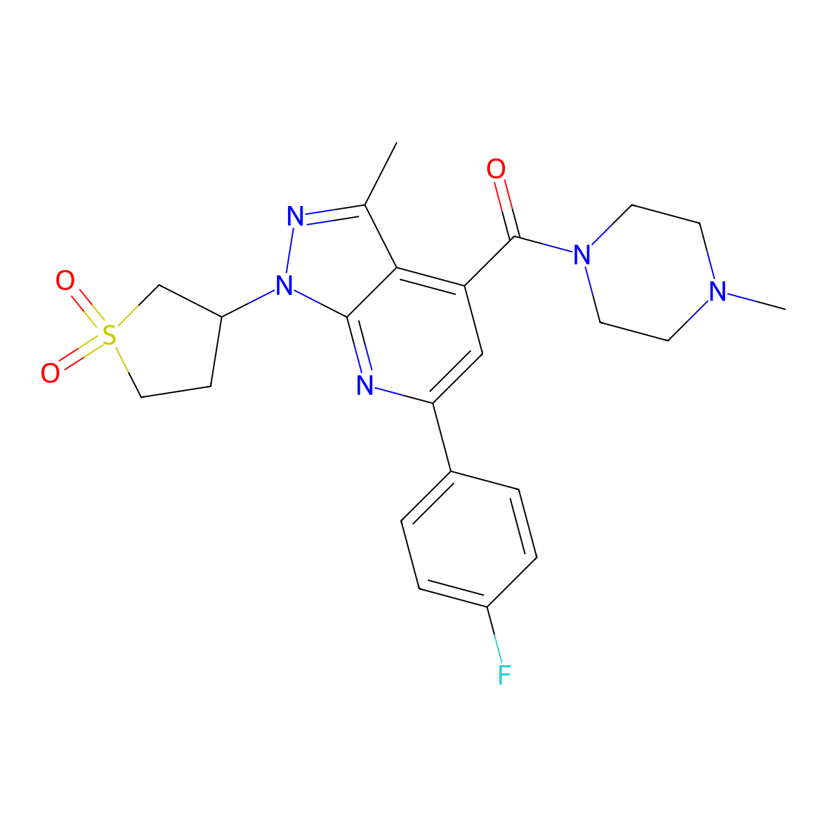 (1-(1,1-dioxidotetrahydrothiophen-3-yl)-6-(4-fluorophenyl)-3-methyl-1H-pyrazolo[3,4-b]pyridin-4-yl)(4-methylpiperazin-1-yl)methanone molecular structure, CAS 1021250-42-9