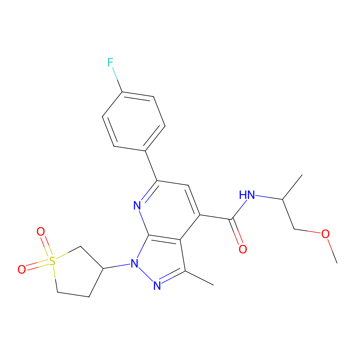 1-(1,1-dioxidotetrahydrothiophen-3-yl)-6-(4-fluorophenyl)-N-(1-methoxypropan-2-yl)-3-methyl-1H-pyrazolo[3,4-b]pyridine-4-carboxamide molecular structure, CAS 1021250-47-4