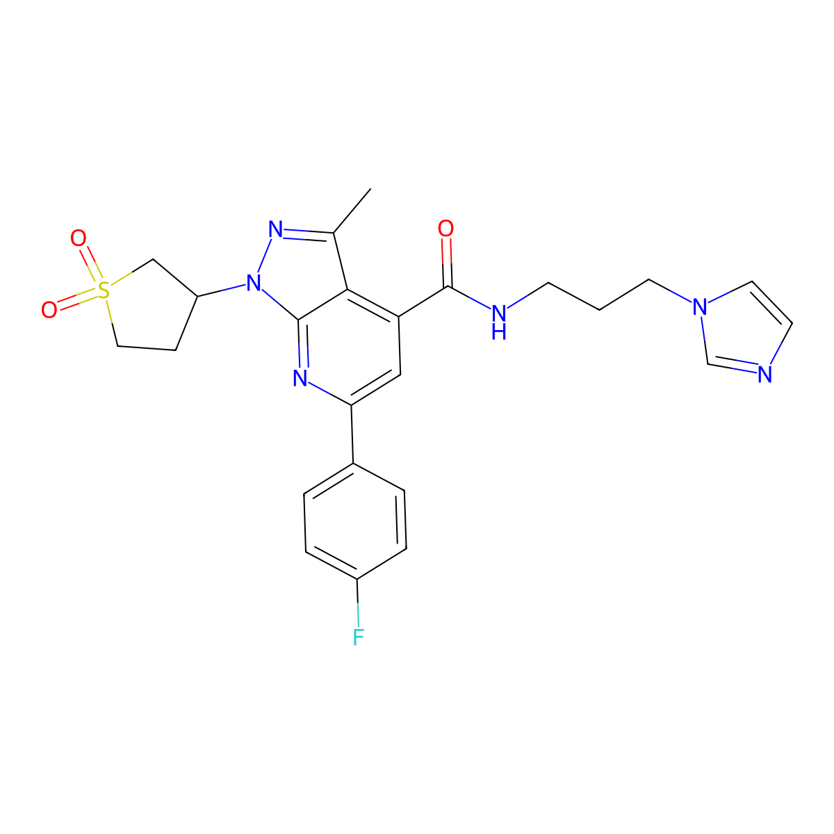 N-(3-(1H-imidazol-1-yl)propyl)-1-(1,1-dioxidotetrahydrothiophen-3-yl)-6-(4-fluorophenyl)-3-methyl-1H-pyrazolo[3,4-b]pyridine-4-carboxamide molecular structure, CAS 1021250-49-6