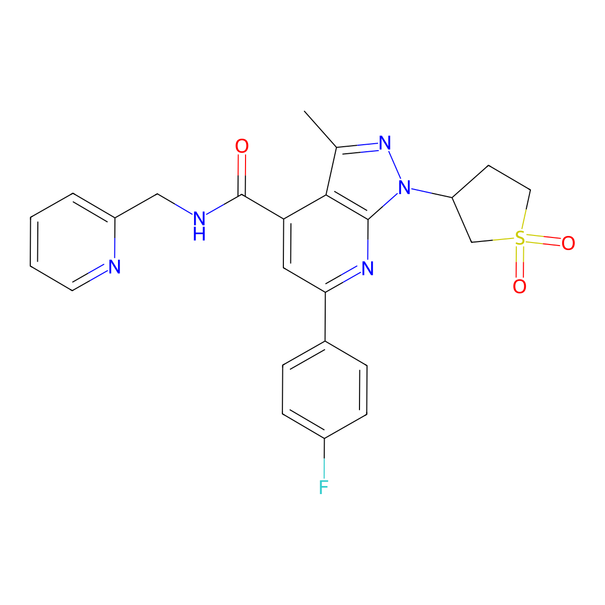 1-(1,1-dioxidotetrahydrothiophen-3-yl)-6-(4-fluorophenyl)-3-methyl-N-(pyridin-2-ylmethyl)-1H-pyrazolo[3,4-b]pyridine-4-carboxamide molecular structure, CAS 1021250-51-0