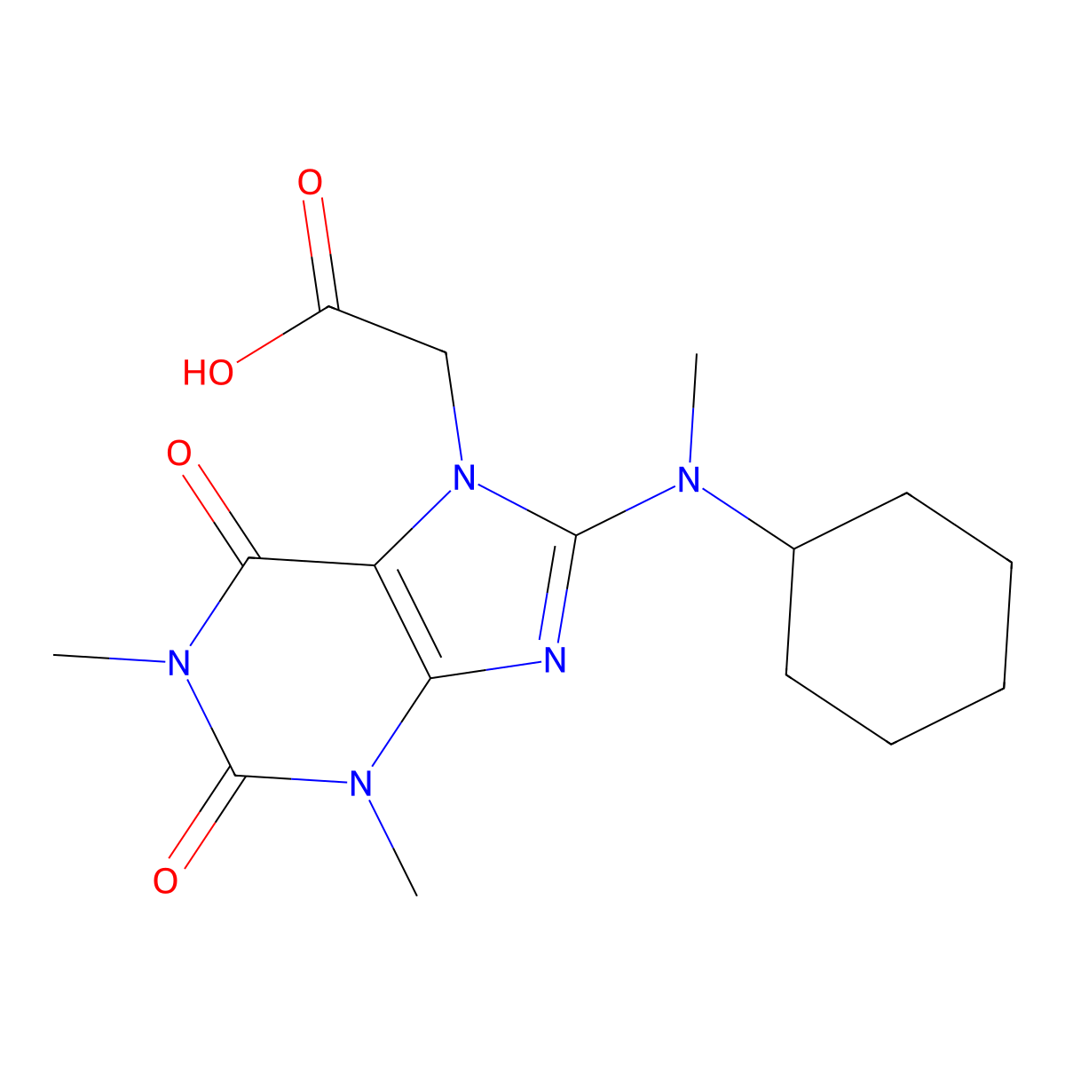 2-(8-(cyclohexyl(methyl)amino)-1,3-dimethyl-2,6-dioxo-2,3-dihydro-1H-purin-7(6H)-yl)acetic acid molecular structure, CAS 1021250-55-4