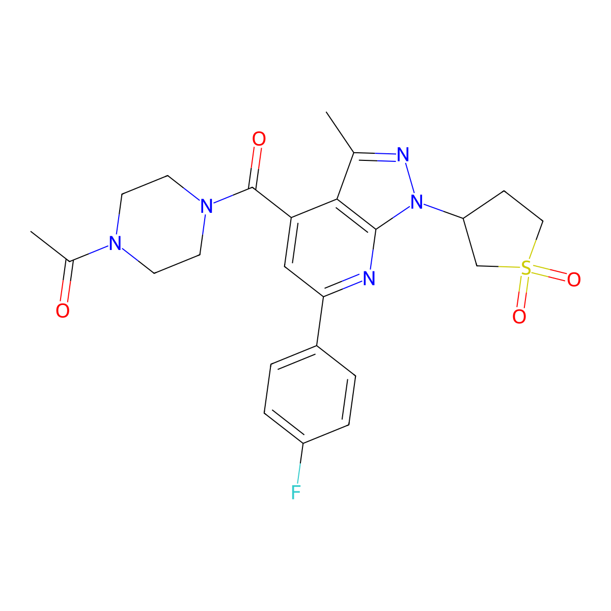 1-(4-(1-(1,1-dioxidotetrahydrothiophen-3-yl)-6-(4-fluorophenyl)-3-methyl-1H-pyrazolo[3,4-b]pyridine-4-carbonyl)piperazin-1-yl)ethanone molecular structure, CAS 1021250-58-7