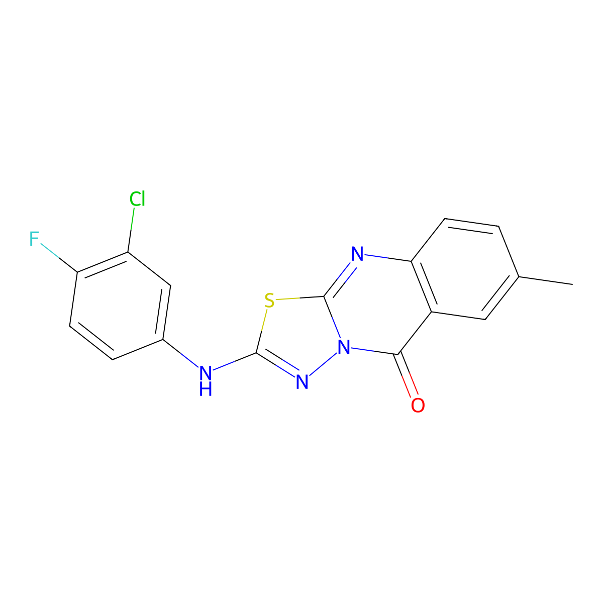 2-[(3-chloro-4-fluorophenyl)amino]-7-methyl-5H-[1,3,4]thiadiazolo[2,3-b]quinazolin-5-one molecular structure, CAS 1021250-65-6