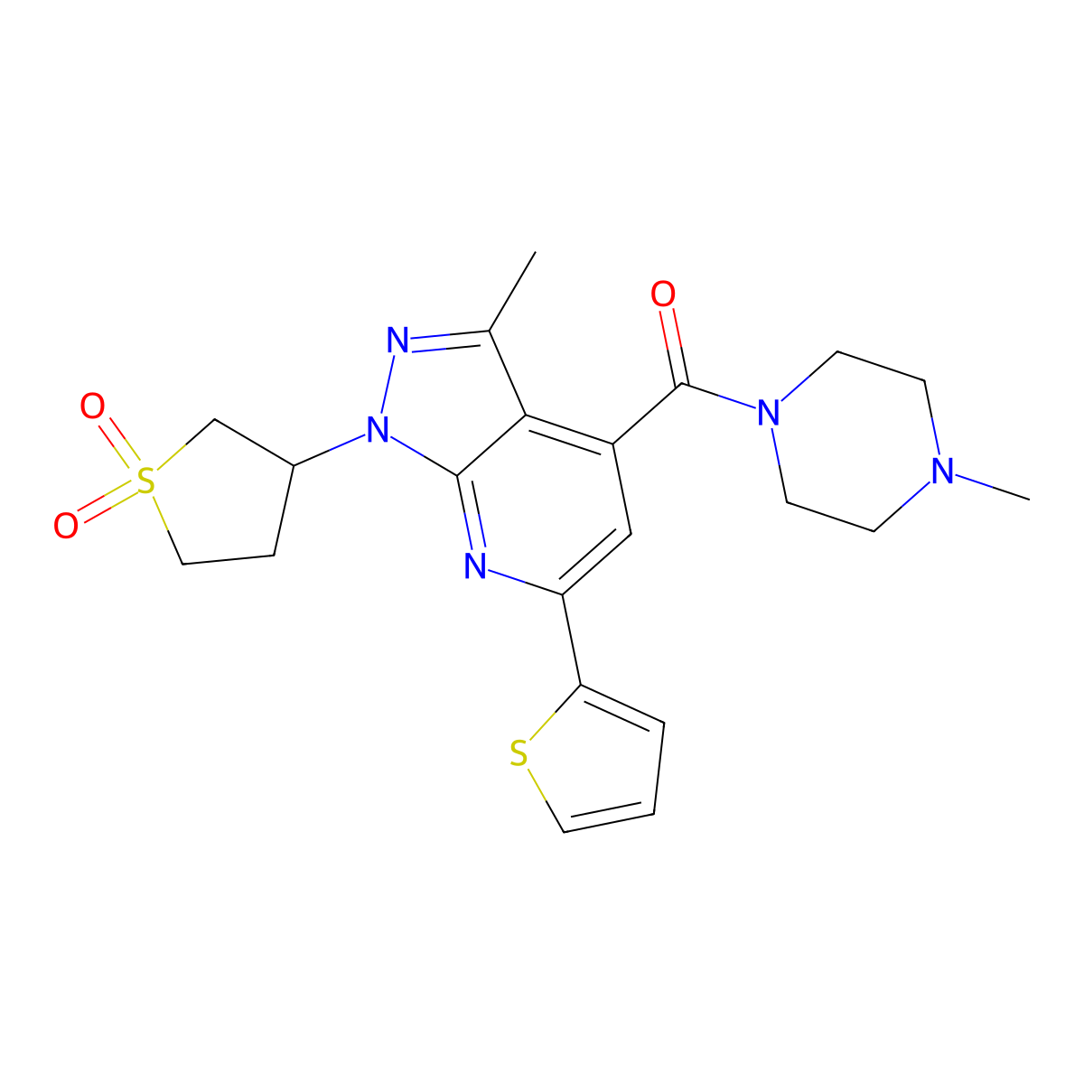 (1-(1,1-dioxidotetrahydrothiophen-3-yl)-3-methyl-6-(thiophen-2-yl)-1H-pyrazolo[3,4-b]pyridin-4-yl)(4-methylpiperazin-1-yl)methanone molecular structure, CAS 1021250-66-7