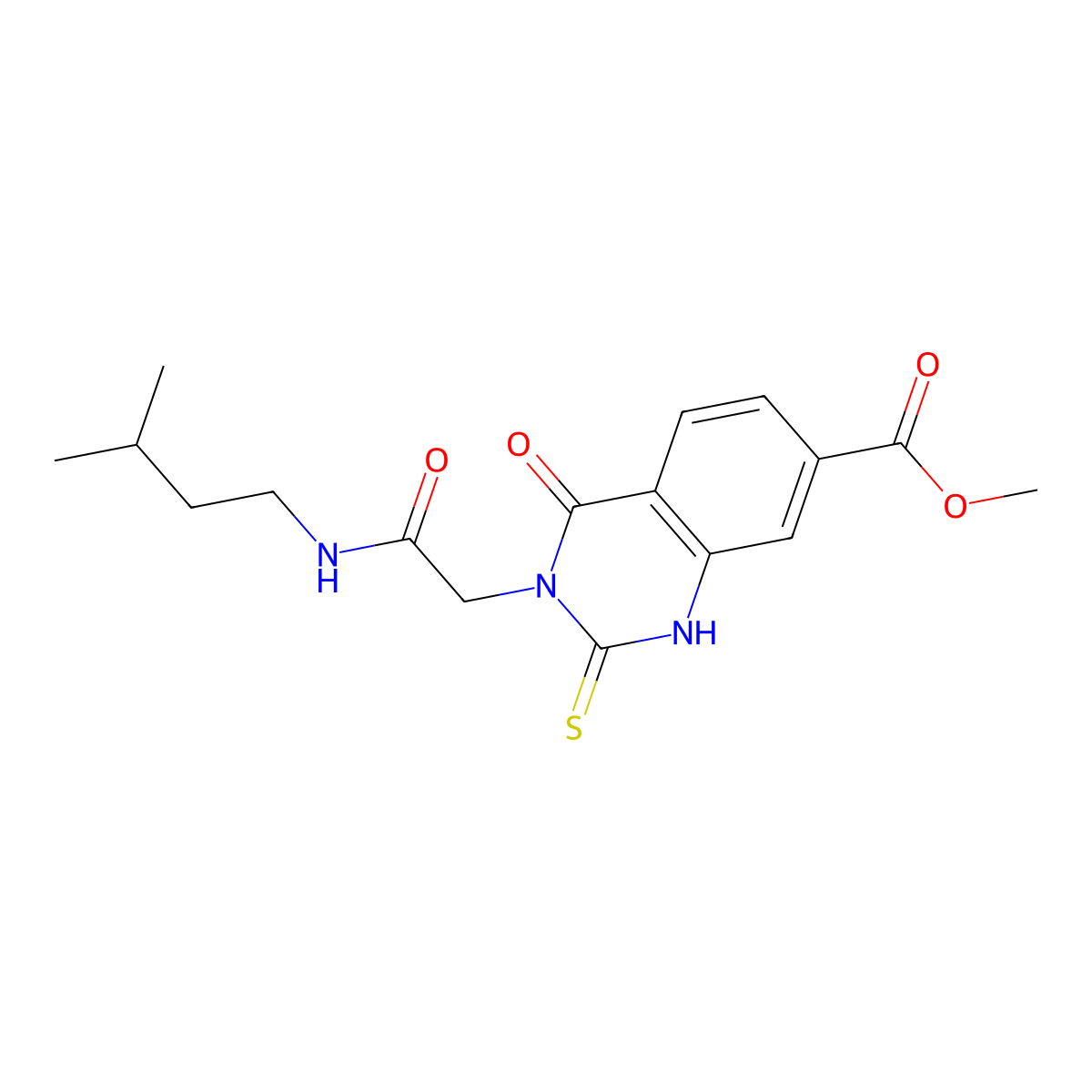 Methyl 3-{[(3-methylbutyl)carbamoyl]methyl}-4-oxo-2-sulfanylidene-1,2,3,4-tetrahydroquinazoline-7-carboxylate molecular structure, CAS 1021250-73-6