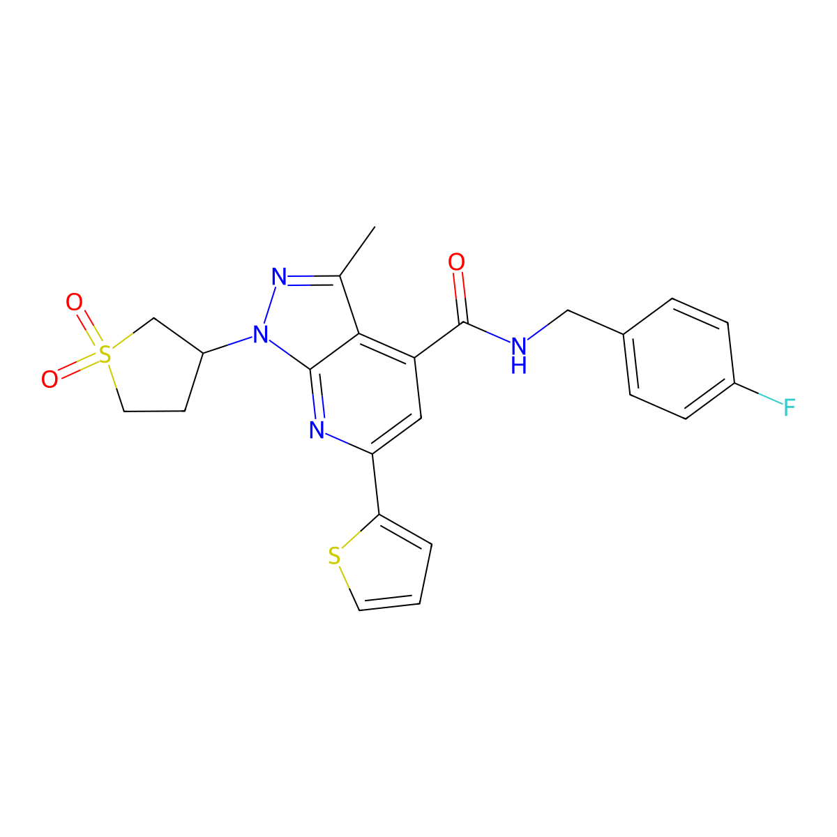 1-(1,1-dioxidotetrahydrothiophen-3-yl)-N-(4-fluorobenzyl)-3-methyl-6-(thiophen-2-yl)-1H-pyrazolo[3,4-b]pyridine-4-carboxamide molecular structure, CAS 1021250-76-9
