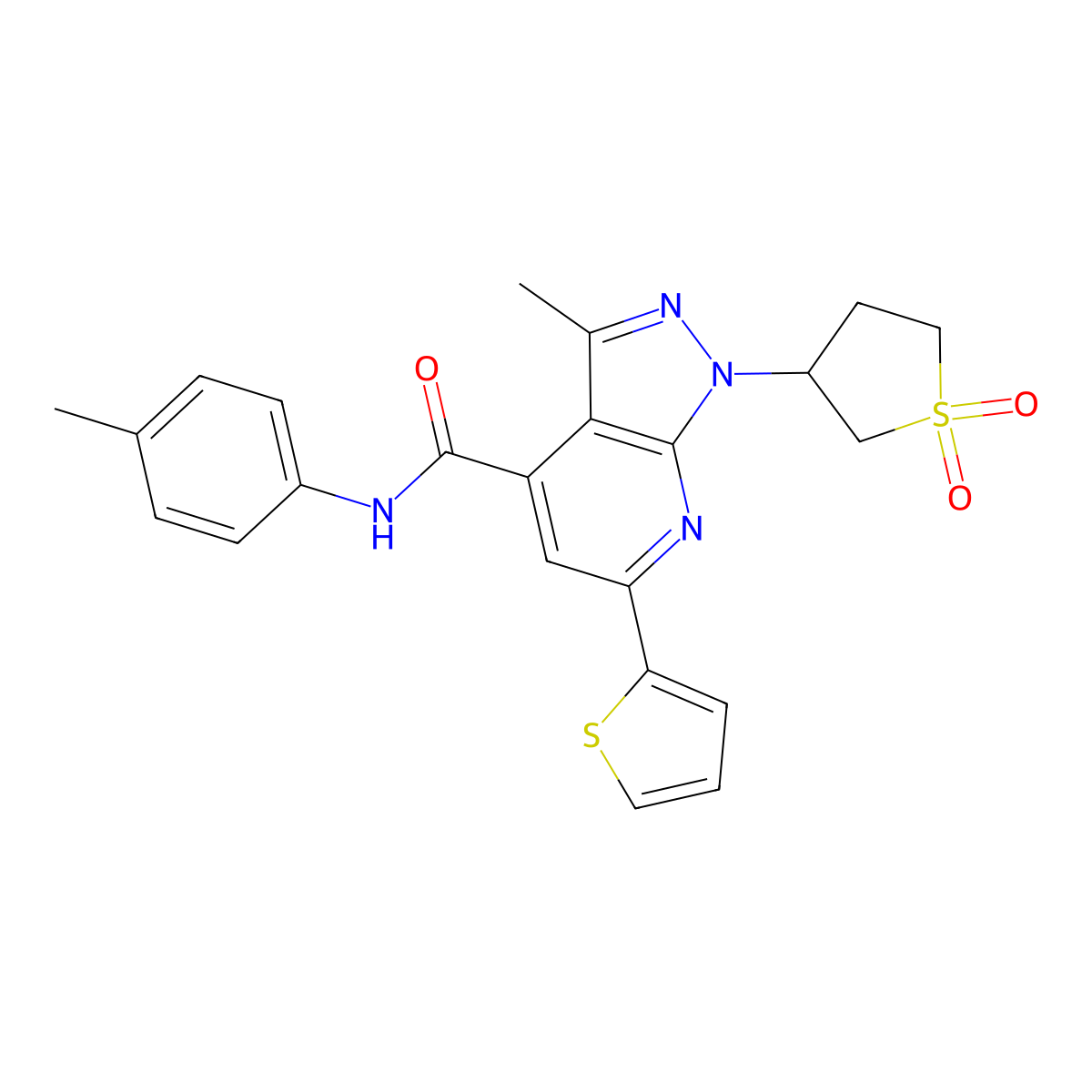 1-(1,1-dioxidotetrahydrothiophen-3-yl)-3-methyl-6-(thiophen-2-yl)-N-(p-tolyl)-1H-pyrazolo[3,4-b]pyridine-4-carboxamide molecular structure, CAS 1021250-84-9