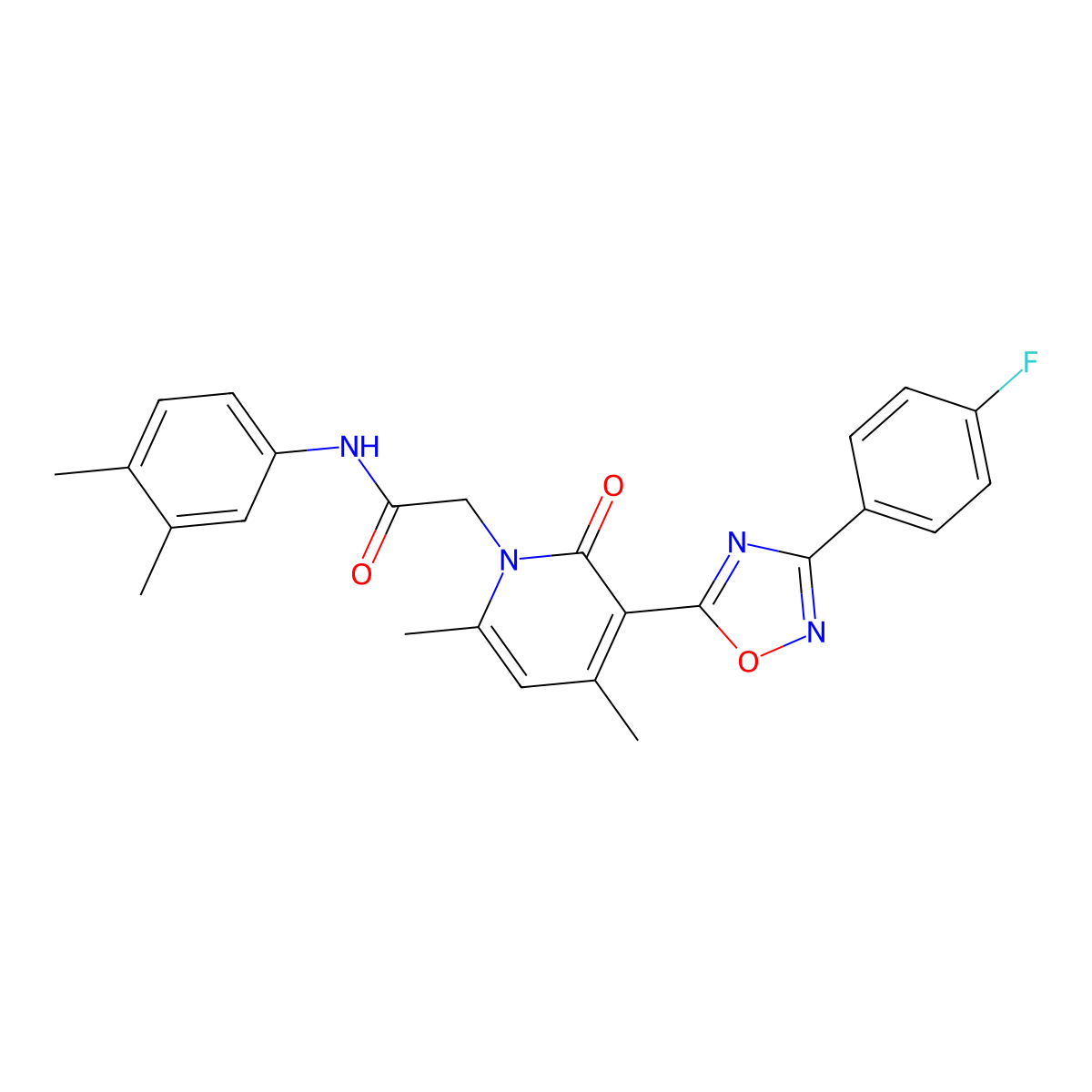 N-(3,4-dimethylphenyl)-2-(3-(3-(4-fluorophenyl)-1,2,4-oxadiazol-5-yl)-4,6-dimethyl-2-oxopyridin-1(2H)-yl)acetamide molecular structure, CAS 1021250-85-0