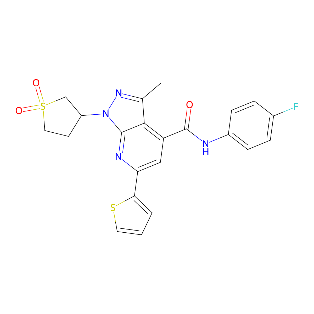 1-(1,1-dioxidotetrahydrothiophen-3-yl)-N-(4-fluorophenyl)-3-methyl-6-(thiophen-2-yl)-1H-pyrazolo[3,4-b]pyridine-4-carboxamide molecular structure, CAS 1021250-86-1