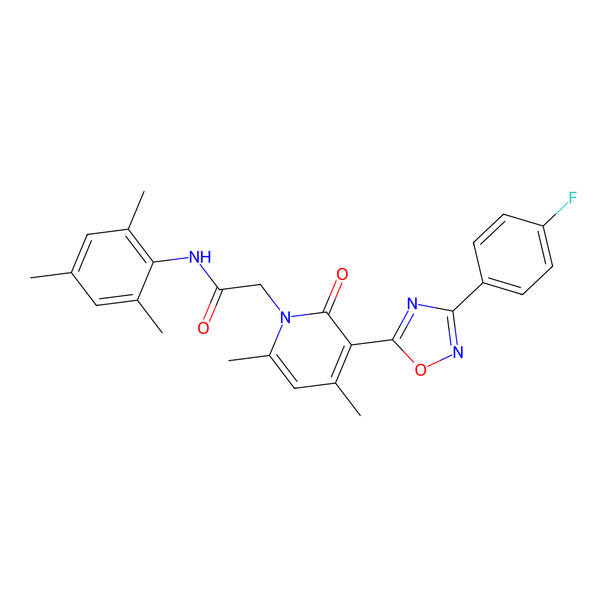 2-(3-(3-(4-fluorophenyl)-1,2,4-oxadiazol-5-yl)-4,6-dimethyl-2-oxopyridin-1(2H)-yl)-N-mesitylacetamide molecular structure, CAS 1021250-87-2