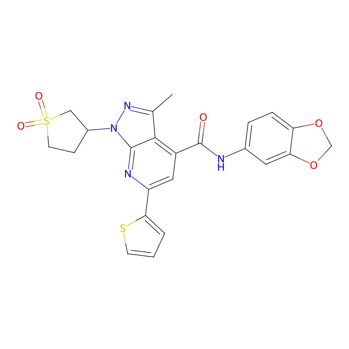N-(benzo[d][1,3]dioxol-5-yl)-1-(1,1-dioxidotetrahydrothiophen-3-yl)-3-methyl-6-(thiophen-2-yl)-1H-pyrazolo[3,4-b]pyridine-4-carboxamide molecular structure, CAS 1021250-89-4