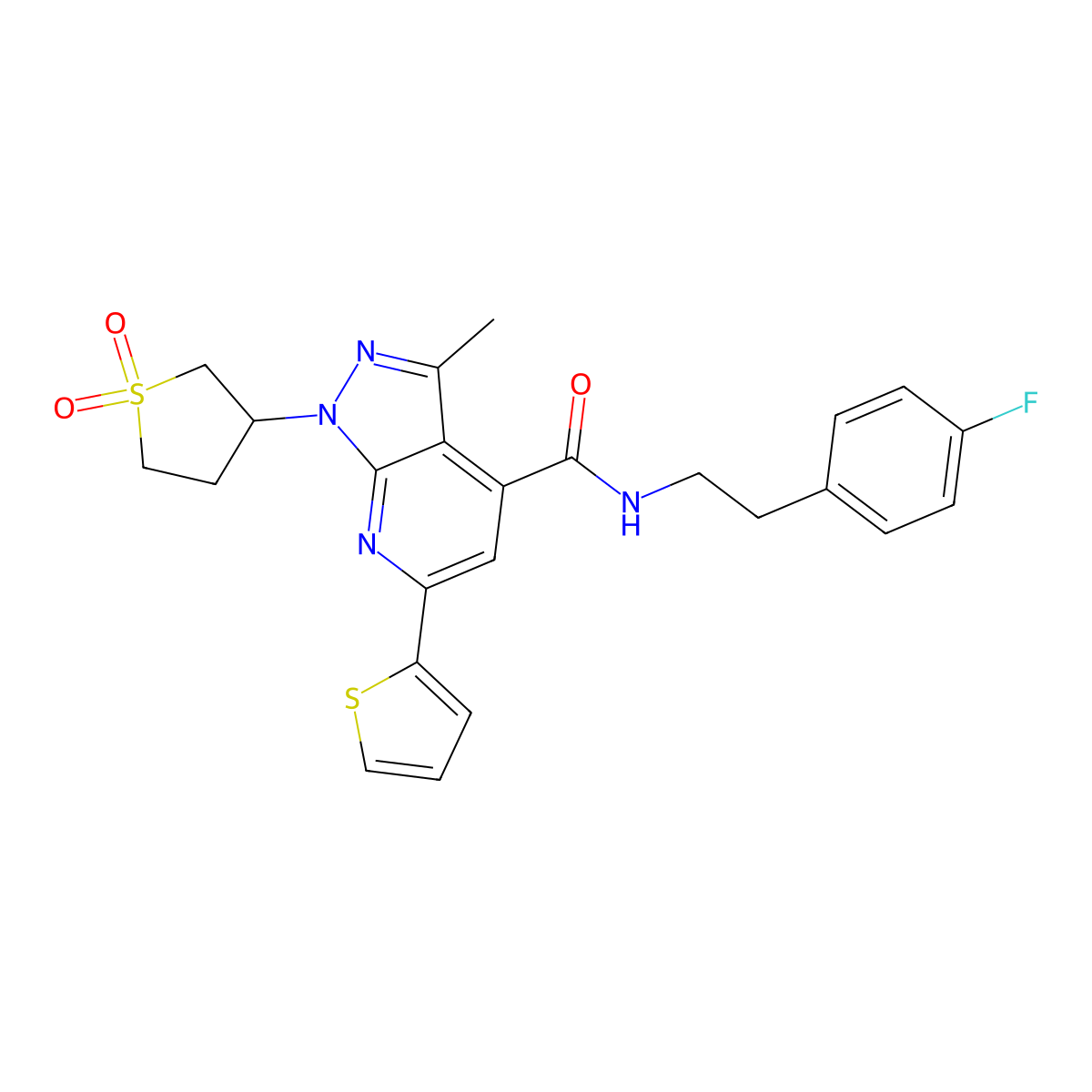 1-(1,1-dioxidotetrahydrothiophen-3-yl)-N-(4-fluorophenethyl)-3-methyl-6-(thiophen-2-yl)-1H-pyrazolo[3,4-b]pyridine-4-carboxamide molecular structure, CAS 1021250-94-1