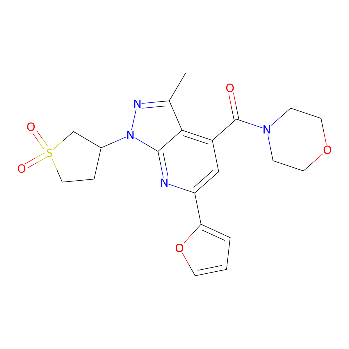 (1-(1,1-dioxidotetrahydrothiophen-3-yl)-6-(furan-2-yl)-3-methyl-1H-pyrazolo[3,4-b]pyridin-4-yl)(morpholino)methanone molecular structure, CAS 1021250-96-3