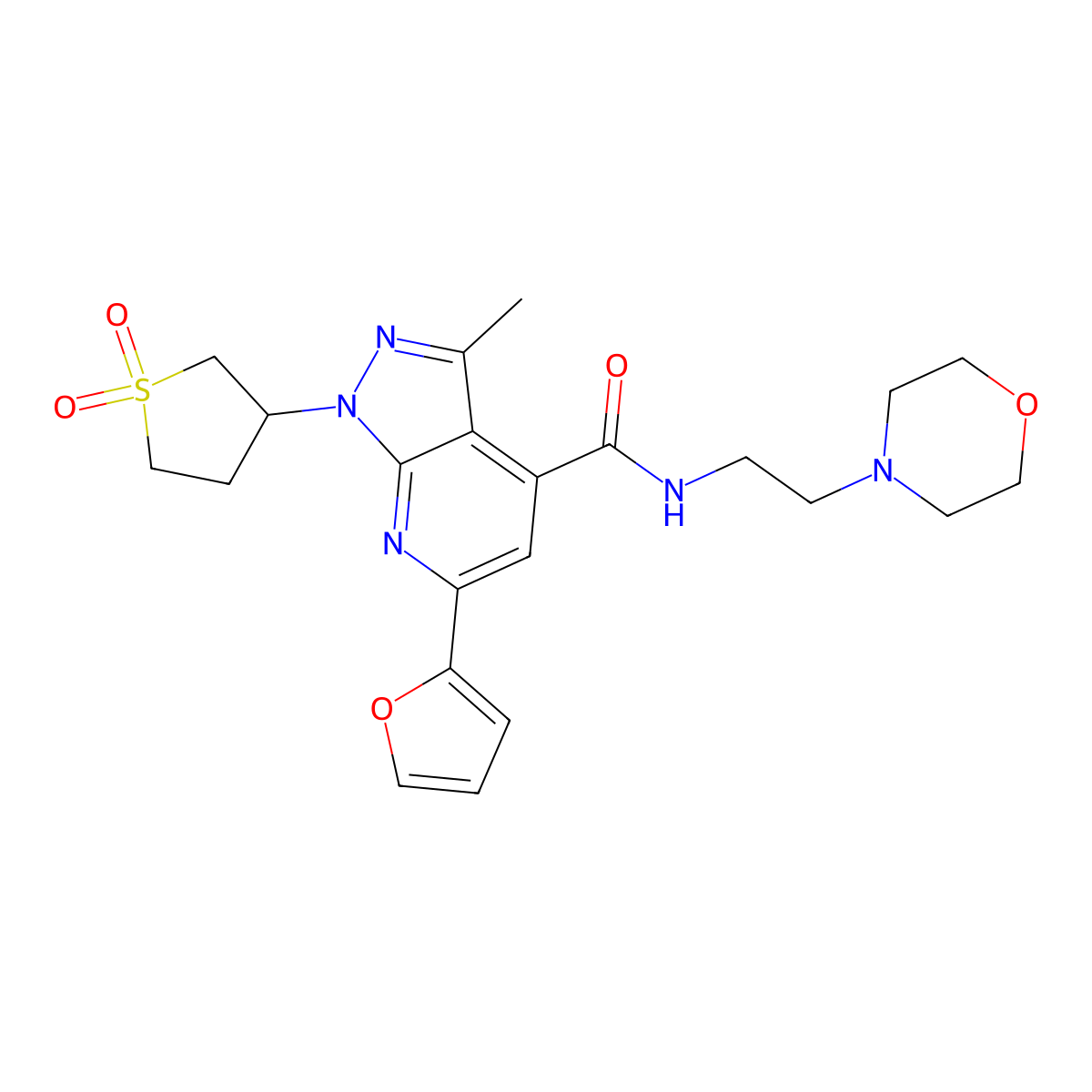 1-(1,1-dioxidotetrahydrothiophen-3-yl)-6-(furan-2-yl)-3-methyl-N-(2-morpholinoethyl)-1H-pyrazolo[3,4-b]pyridine-4-carboxamide molecular structure, CAS 1021250-98-5