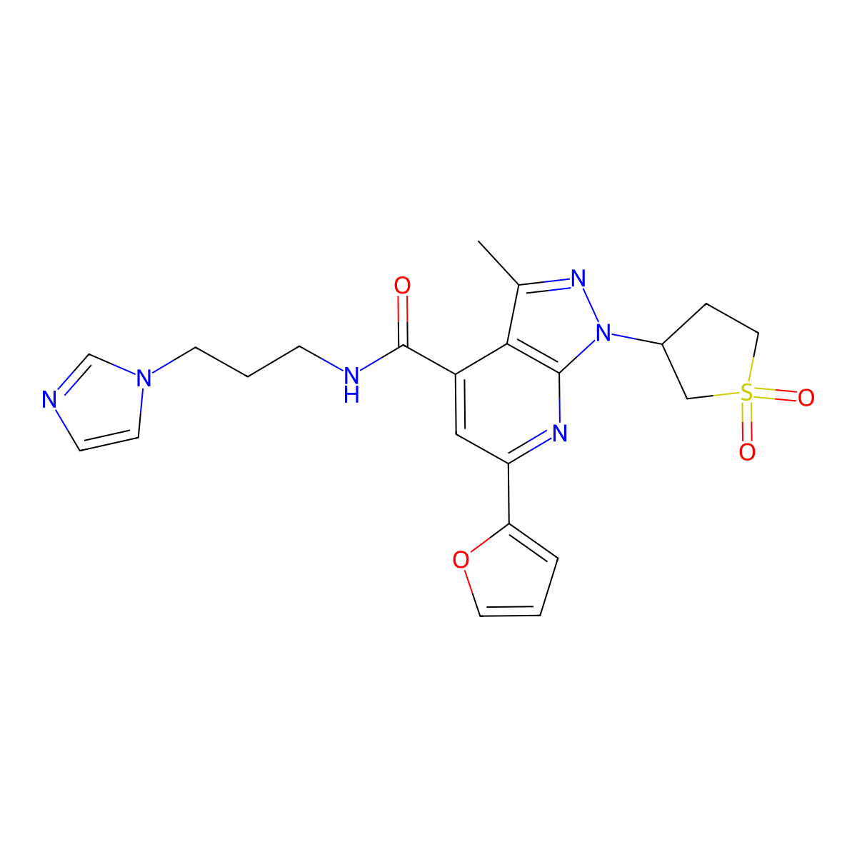 N-(3-(1H-imidazol-1-yl)propyl)-1-(1,1-dioxidotetrahydrothiophen-3-yl)-6-(furan-2-yl)-3-methyl-1H-pyrazolo[3,4-b]pyridine-4-carboxamide molecular structure, CAS 1021251-00-2