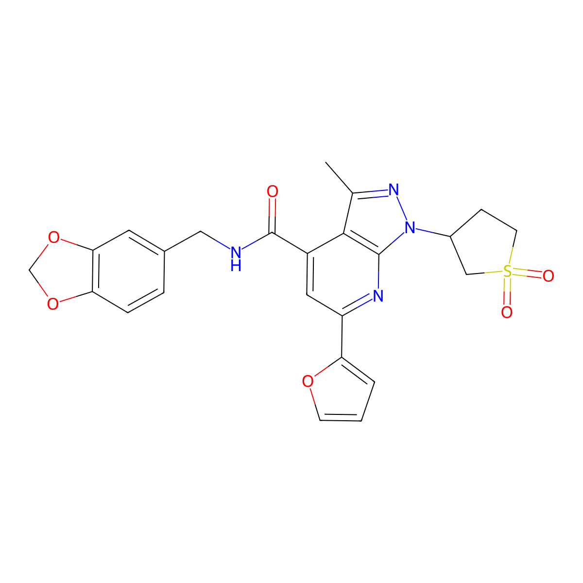 N-(benzo[d][1,3]dioxol-5-ylmethyl)-1-(1,1-dioxidotetrahydrothiophen-3-yl)-6-(furan-2-yl)-3-methyl-1H-pyrazolo[3,4-b]pyridine-4-carboxamide molecular structure, CAS 1021251-02-4
