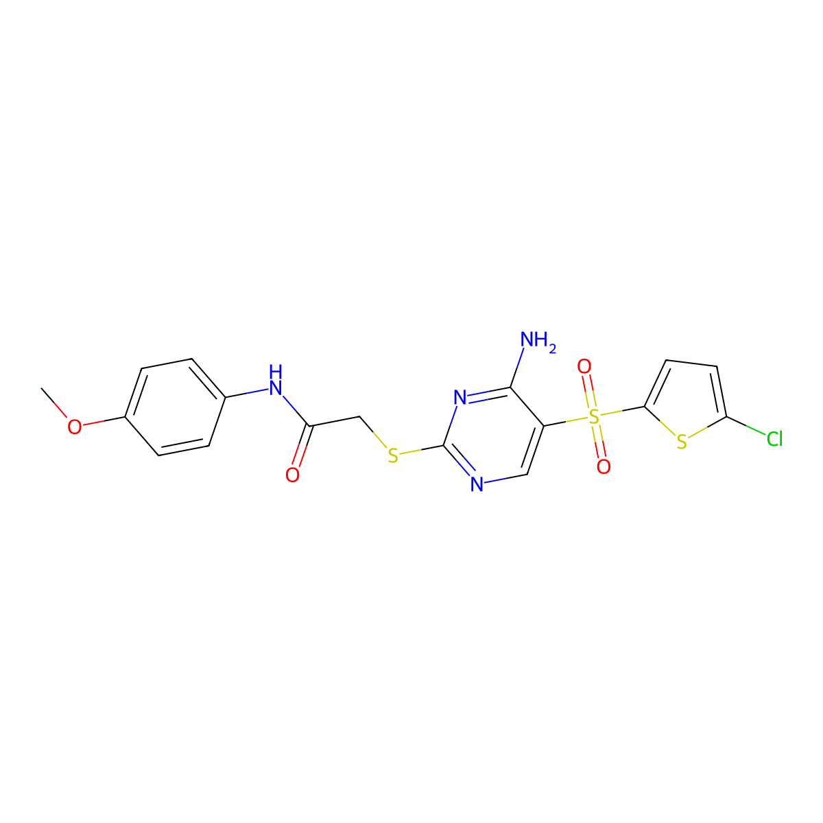 2-({4-amino-5-[(5-chlorothiophen-2-yl)sulfonyl]pyrimidin-2-yl}sulfanyl)-N-(4-methoxyphenyl)acetamide molecular structure, CAS 1021251-93-3