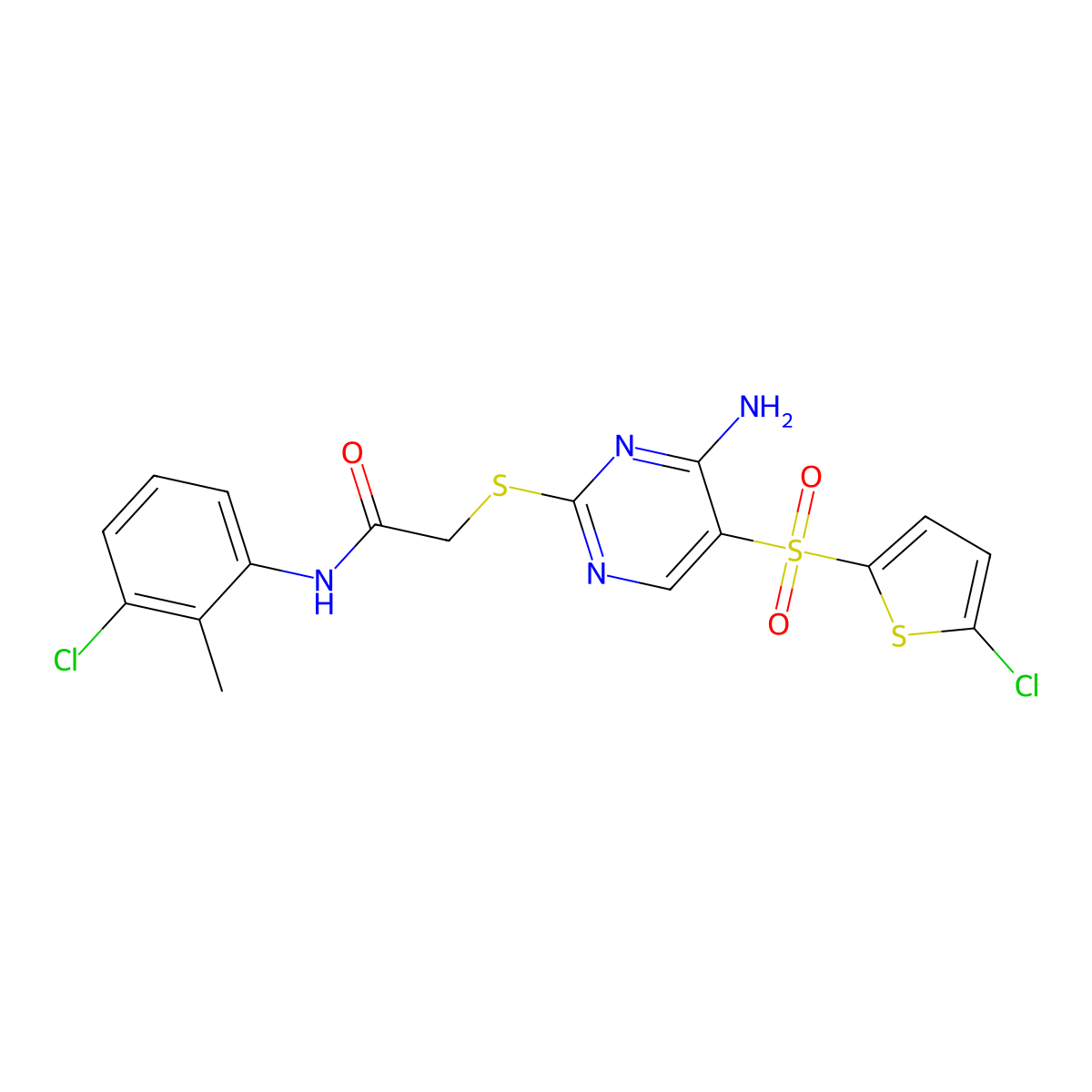 2-({4-amino-5-[(5-chlorothiophen-2-yl)sulfonyl]pyrimidin-2-yl}sulfanyl)-N-(3-chloro-2-methylphenyl)acetamide molecular structure, CAS 1021251-95-5