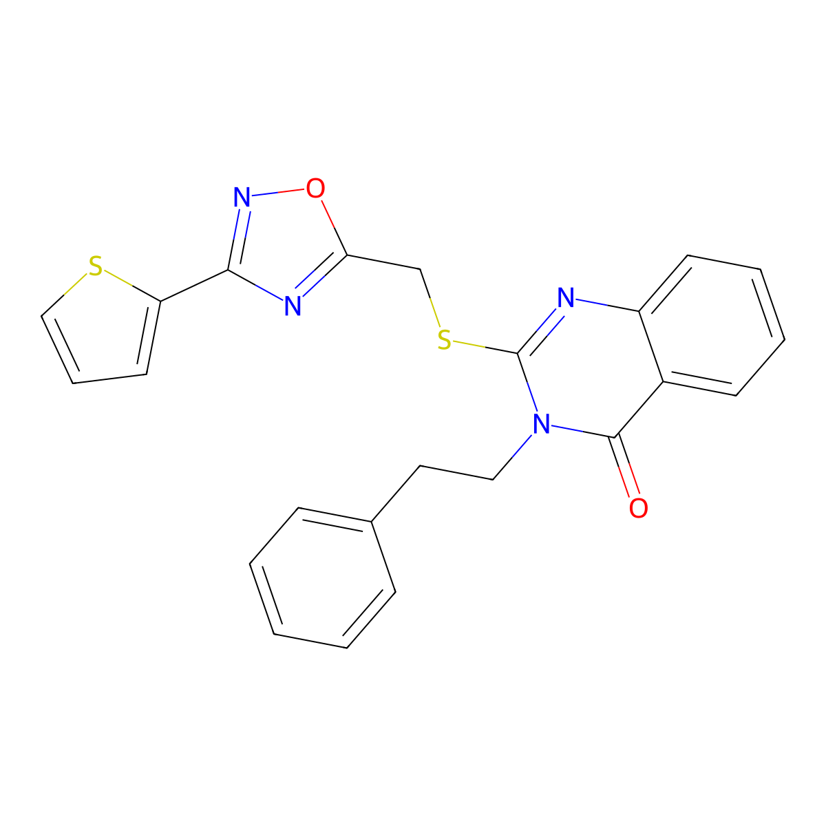 3-(2-Phenylethyl)-2-({[3-(thiophen-2-yl)-1,2,4-oxadiazol-5-yl]methyl}sulfanyl)-3,4-dihydroquinazolin-4-one molecular structure, CAS 1021252-05-0