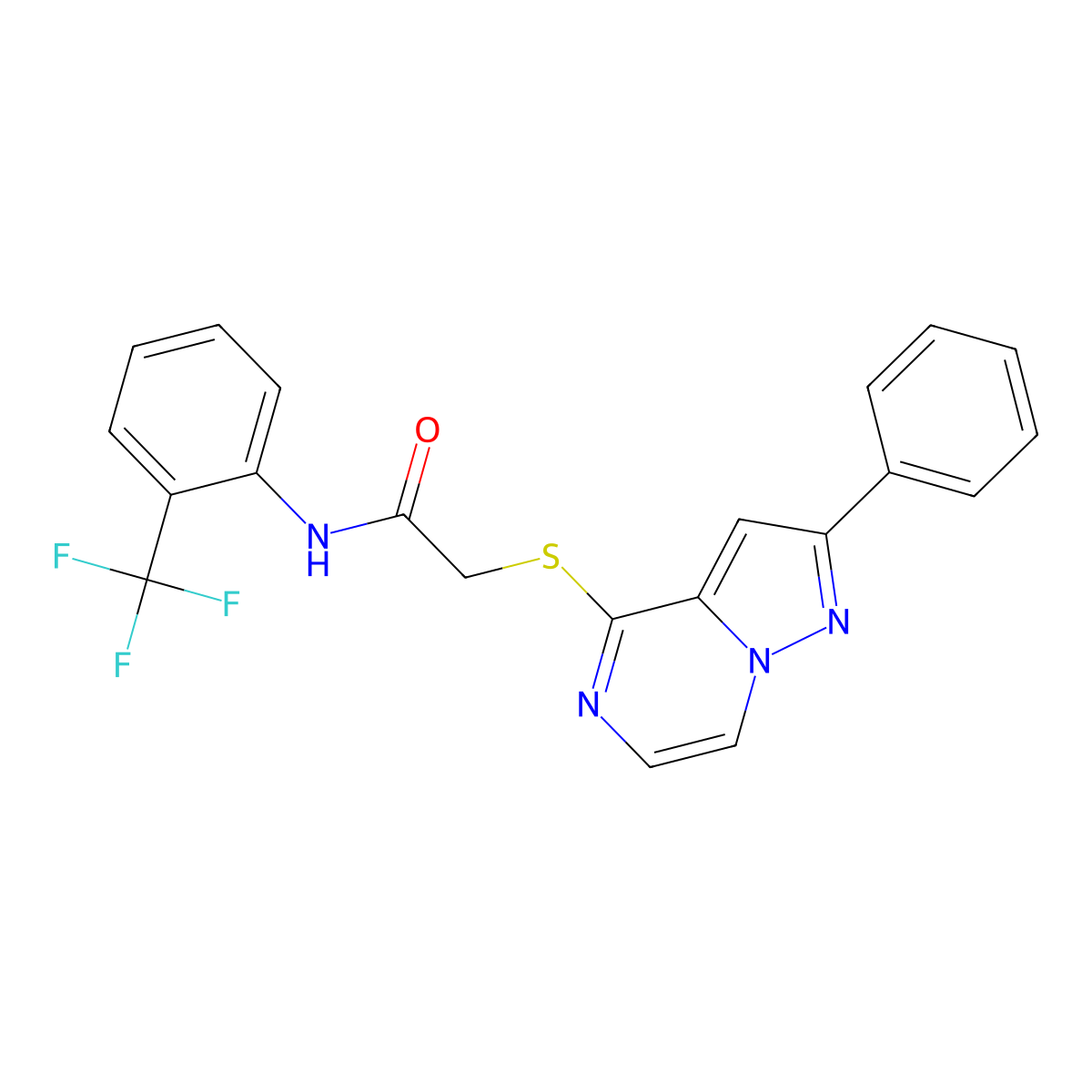 2-({2-Phenylpyrazolo[1,5-A]pyrazin-4-YL}sulfanyl)-N-[2-(trifluoromethyl)phenyl]acetamide molecular structure, CAS 1021252-06-1