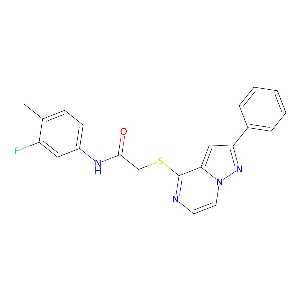 N-(3-fluoro-4-methylphenyl)-2-[(2-phenylpyrazolo[1,5-a]pyrazin-4-yl)thio]acetamide molecular structure, CAS 1021252-14-1
