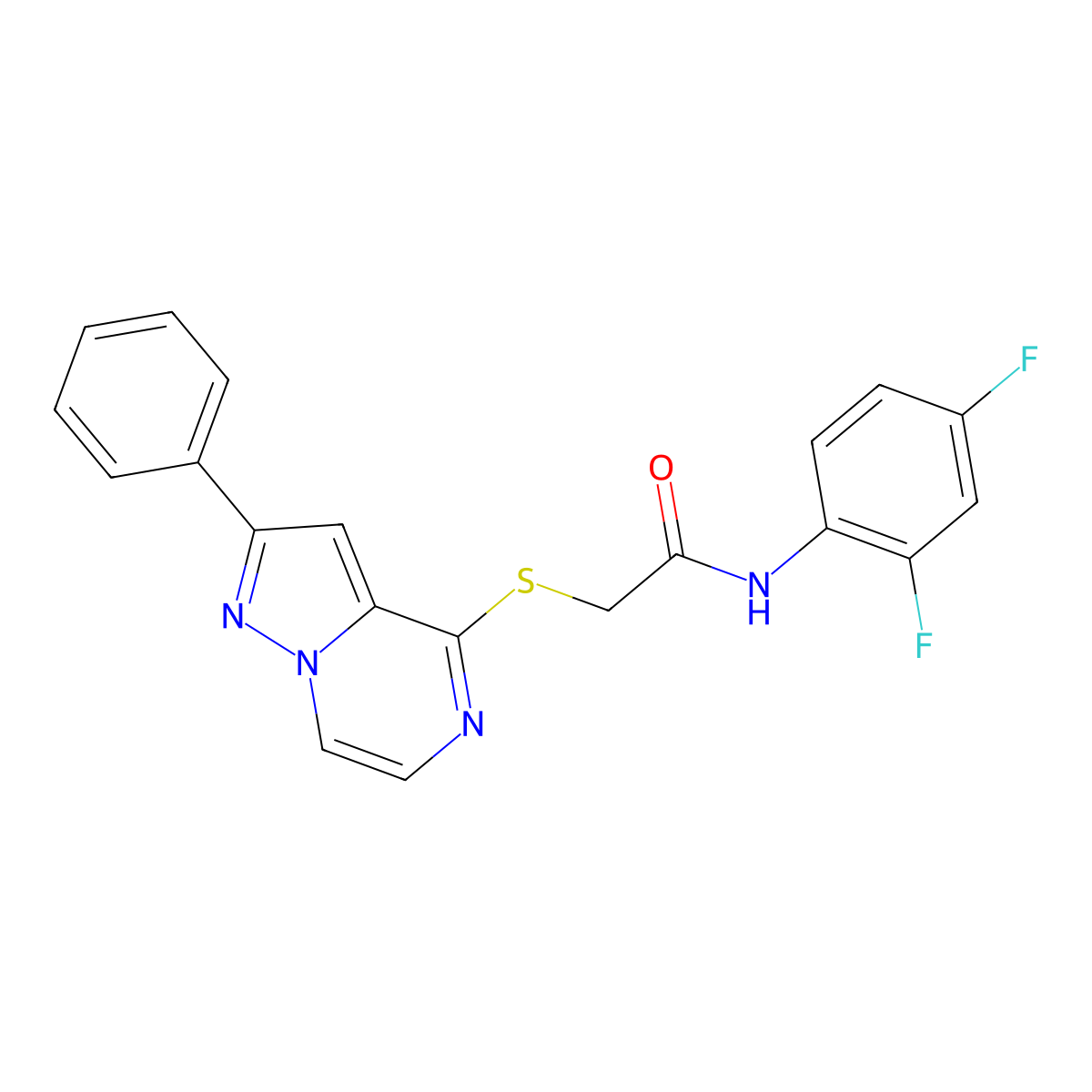 N-(2,4-difluorophenyl)-2-[(2-phenylpyrazolo[1,5-a]pyrazin-4-yl)thio]acetamide molecular structure, CAS 1021252-16-3