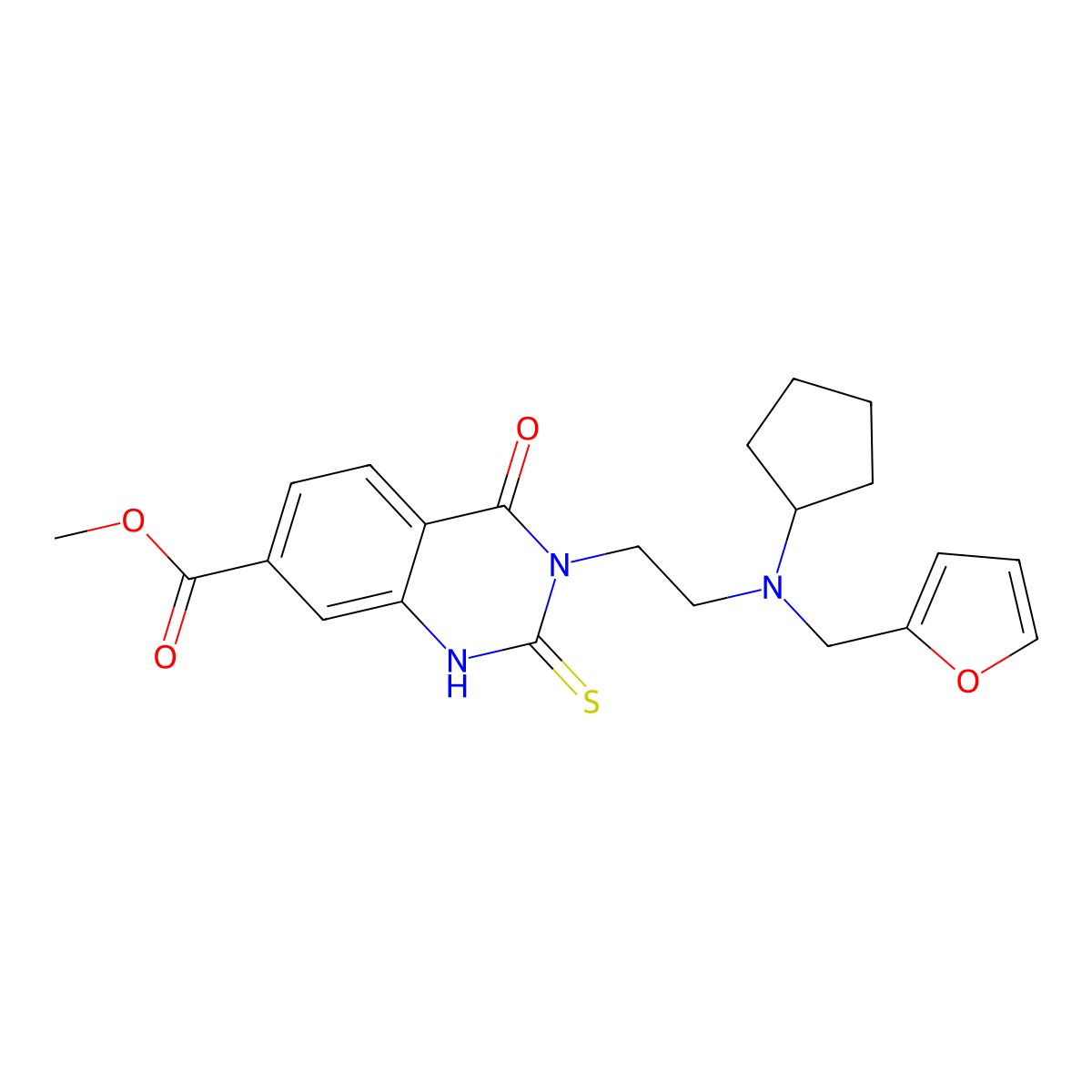 Methyl 3-(2-{cyclopentyl[(furan-2-yl)methyl]amino}ethyl)-4-oxo-2-sulfanylidene-1,2,3,4-tetrahydroquinazoline-7-carboxylate molecular structure, CAS 1021252-28-7