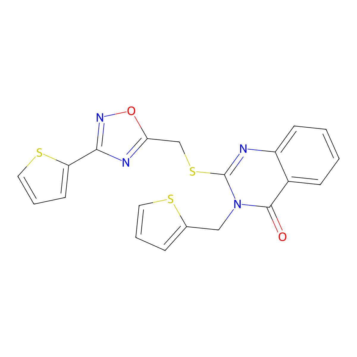 2-({[3-(Thiophen-2-yl)-1,2,4-oxadiazol-5-yl]methyl}sulfanyl)-3-[(thiophen-2-yl)methyl]-3,4-dihydroquinazolin-4-one molecular structure, CAS 1021252-46-9