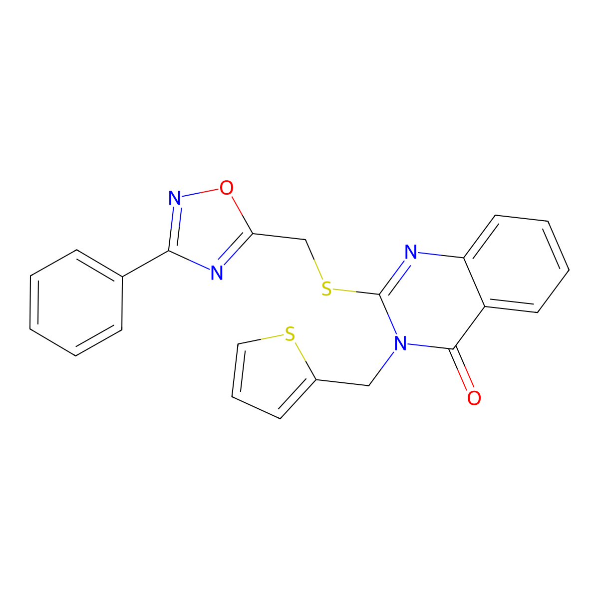 2-{[(3-Phenyl-1,2,4-oxadiazol-5-yl)methyl]sulfanyl}-3-[(thiophen-2-yl)methyl]-3,4-dihydroquinazolin-4-one molecular structure, CAS 1021252-58-3