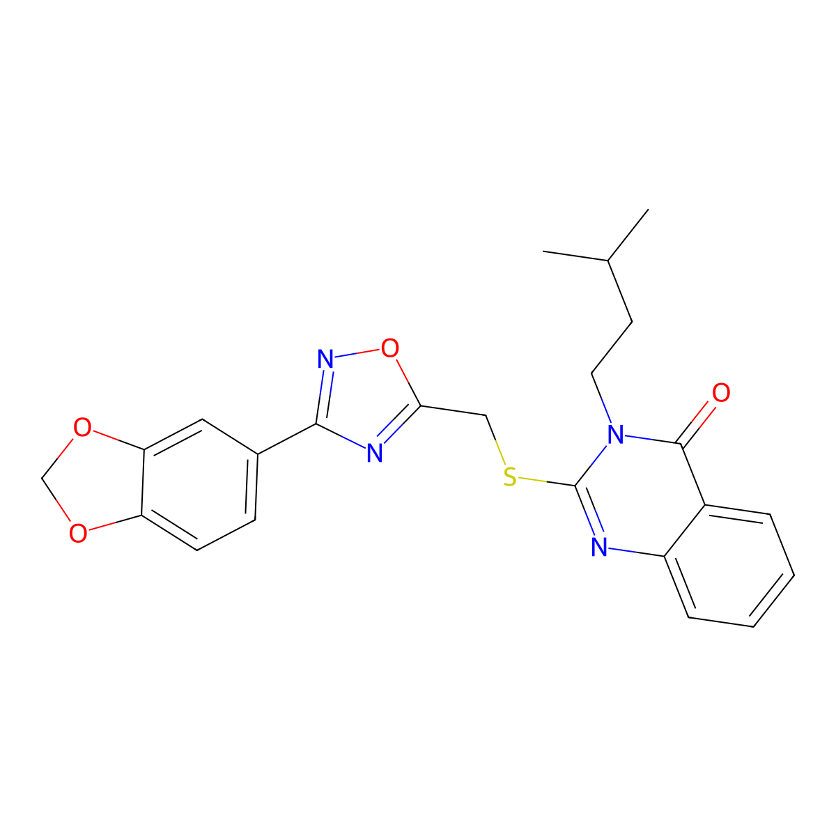2-({[3-(2H-1,3-benzodioxol-5-yl)-1,2,4-oxadiazol-5-yl]methyl}sulfanyl)-3-(3-methylbutyl)-3,4-dihydroquinazolin-4-one molecular structure, CAS 1021252-62-9