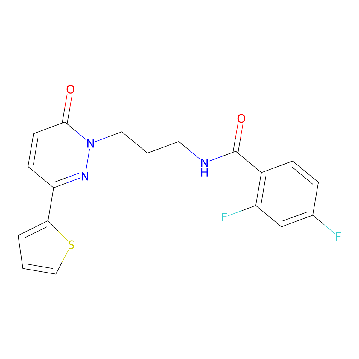 2,4-difluoro-N-{3-[6-oxo-3-(thiophen-2-yl)-1,6-dihydropyridazin-1-yl]propyl}benzamide molecular structure, CAS 1021252-66-3