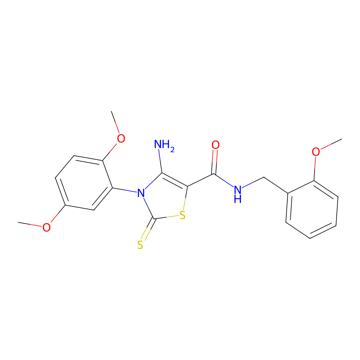 4-amino-3-(2,5-dimethoxyphenyl)-N-[(2-methoxyphenyl)methyl]-2-sulfanylidene-2,3-dihydro-1,3-thiazole-5-carboxamide molecular structure, CAS 1021252-75-4