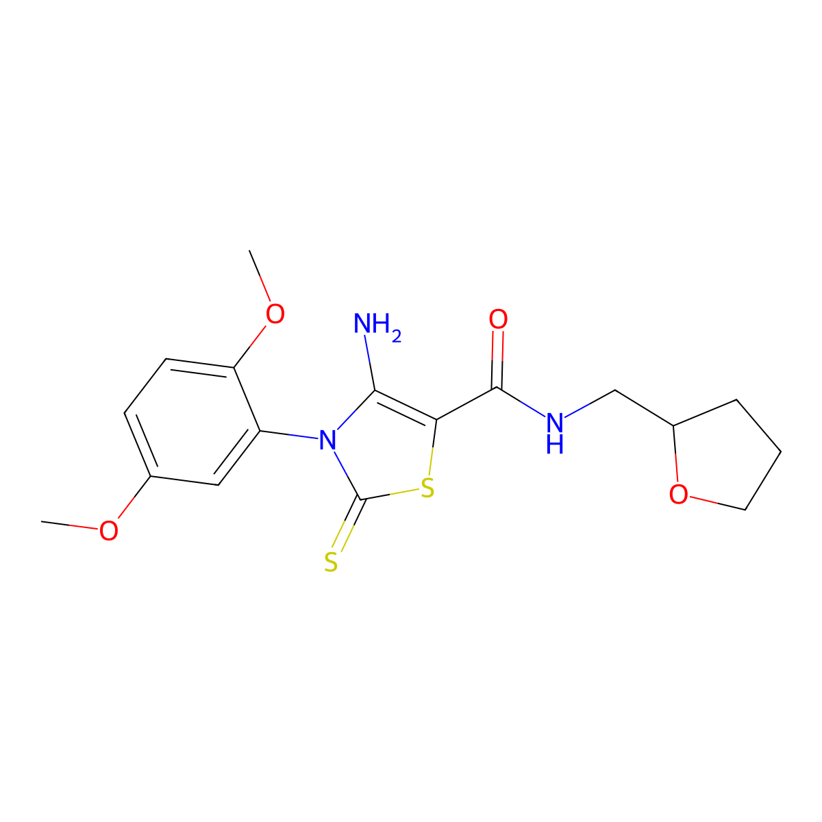 4-amino-3-(2,5-dimethoxyphenyl)-N-((tetrahydrofuran-2-yl)methyl)-2-thioxo-2,3-dihydrothiazole-5-carboxamide molecular structure, CAS 1021252-77-6