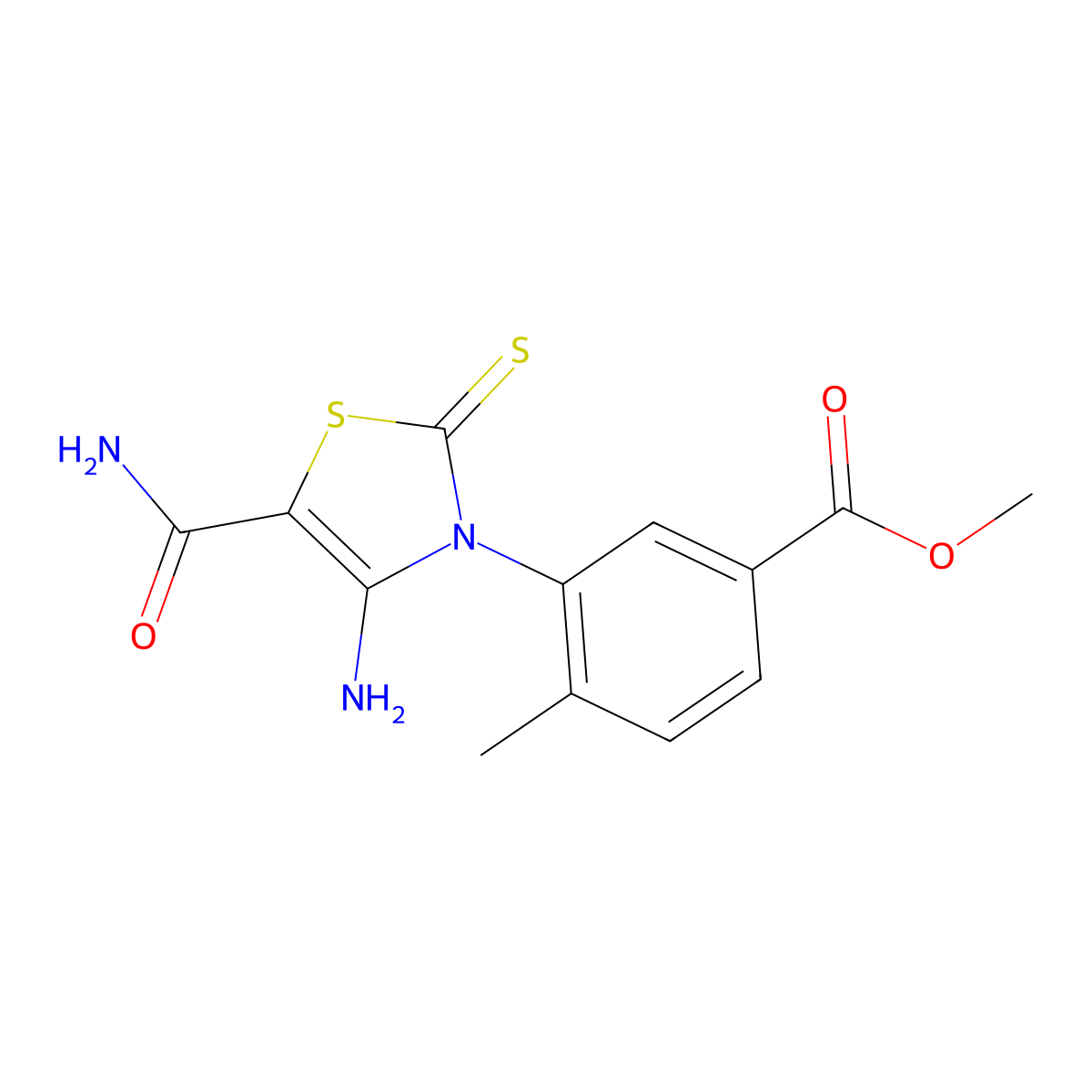 Methyl 3-(4-amino-5-carbamoyl-2-sulfanylidene-2,3-dihydro-1,3-thiazol-3-yl)-4-methylbenzoate molecular structure, CAS 1021252-82-3