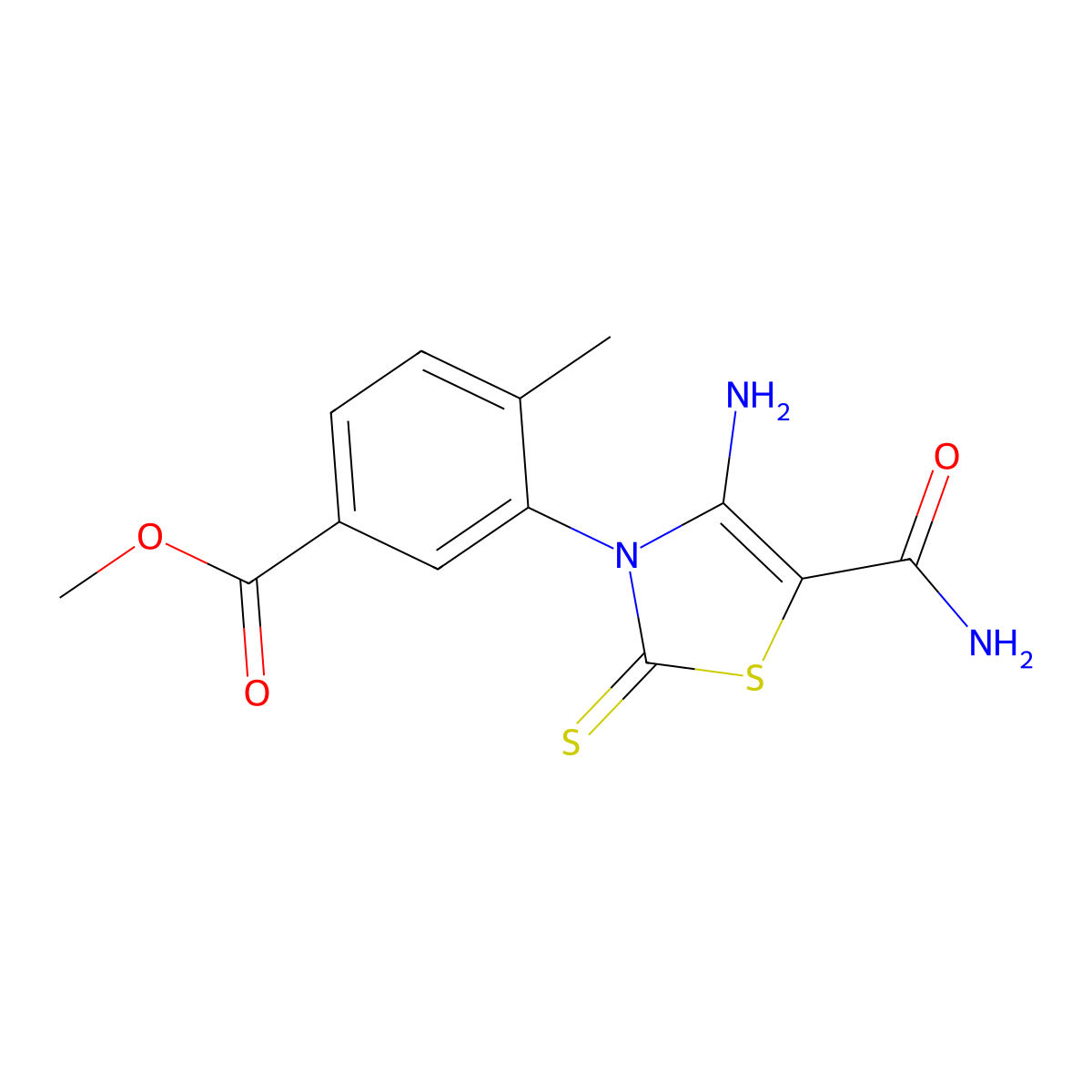 Methyl 3-(4-amino-5-carbamoyl-2-sulfanylidene-2,3-dihydro-1,3-thiazol-3-yl)-4-methylbenzoate molecular structure, CAS 1021252-82-3