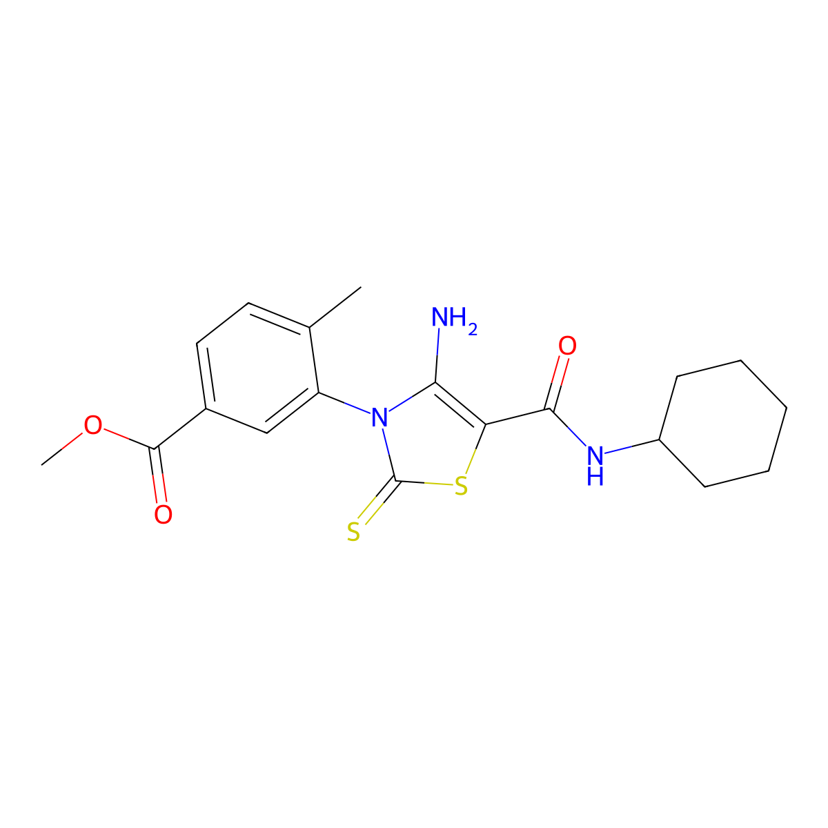 Methyl 3-[4-amino-5-(cyclohexylcarbamoyl)-2-sulfanylidene-2,3-dihydro-1,3-thiazol-3-yl]-4-methylbenzoate molecular structure, CAS 1021252-85-6