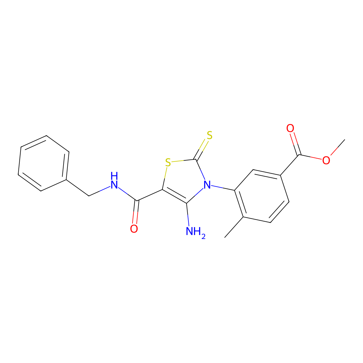 Methyl 3-[4-amino-5-(benzylcarbamoyl)-2-sulfanylidene-2,3-dihydro-1,3-thiazol-3-yl]-4-methylbenzoate molecular structure, CAS 1021252-87-8