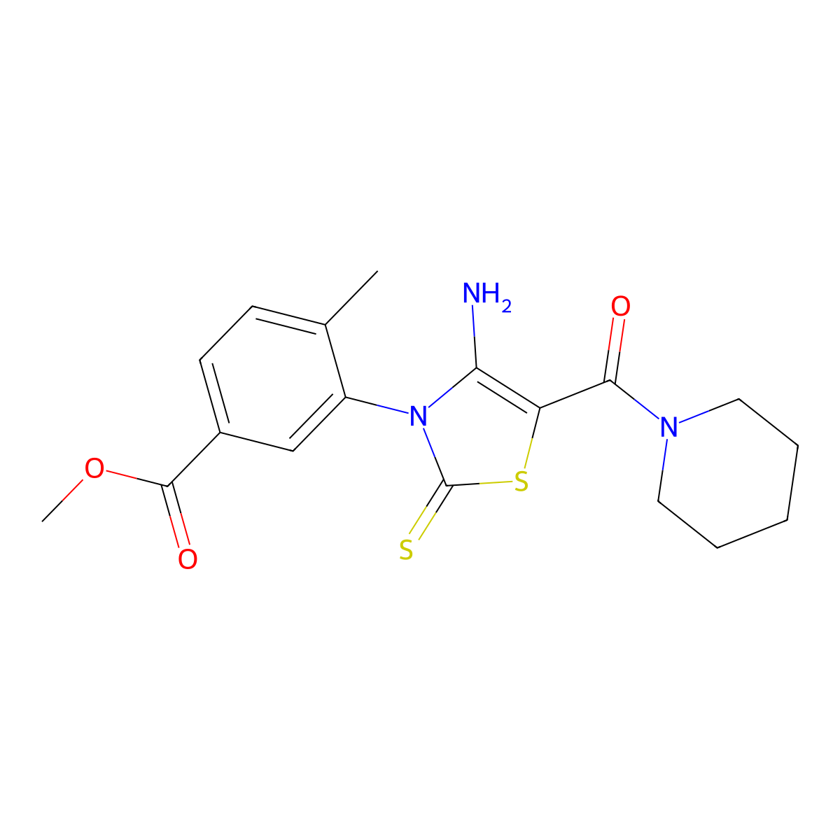Methyl 3-[4-amino-5-(piperidine-1-carbonyl)-2-sulfanylidene-2,3-dihydro-1,3-thiazol-3-yl]-4-methylbenzoate molecular structure, CAS 1021252-89-0