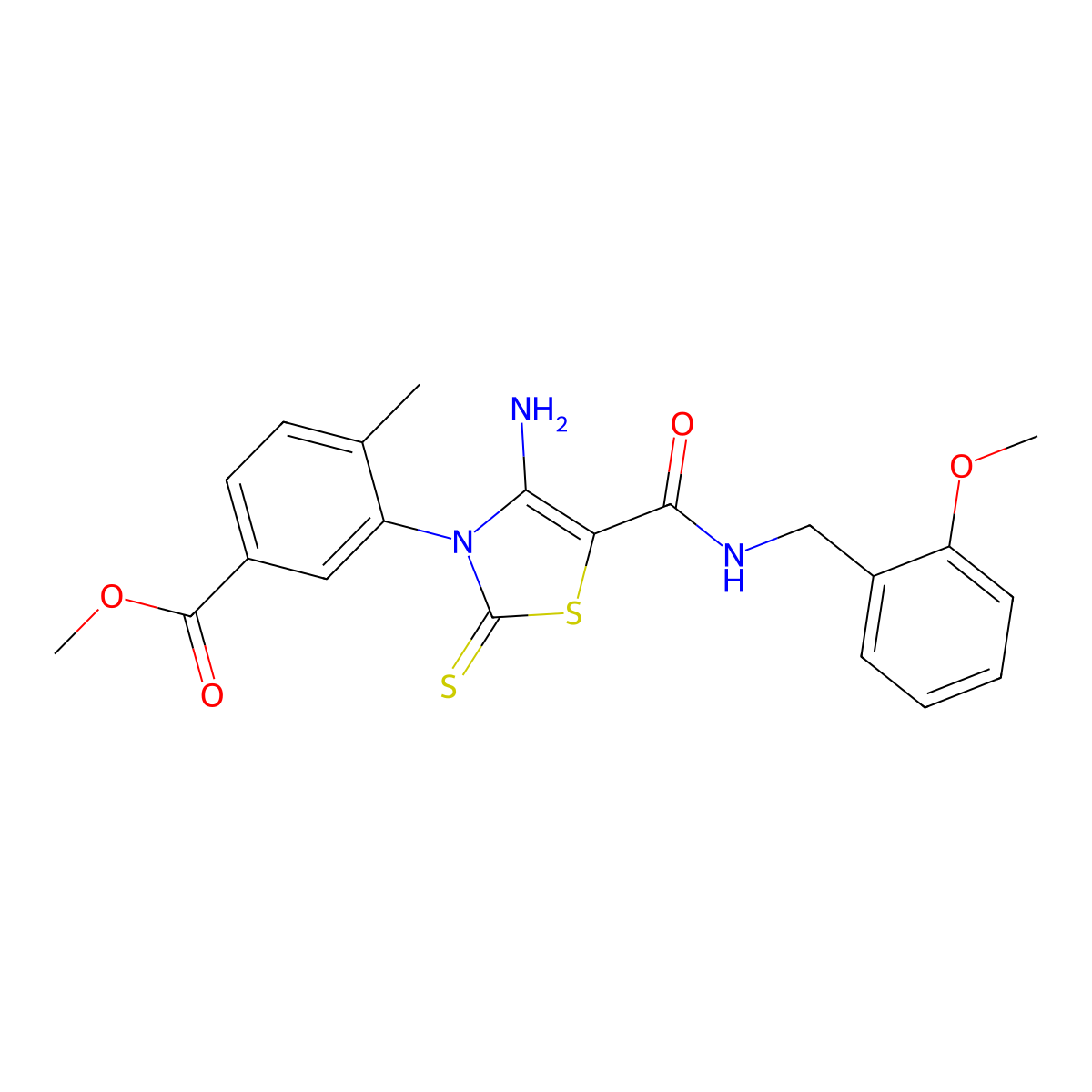 Methyl 3-(4-amino-5-{[(2-methoxyphenyl)methyl]carbamoyl}-2-sulfanylidene-2,3-dihydro-1,3-thiazol-3-yl)-4-methylbenzoate molecular structure, CAS 1021252-91-4
