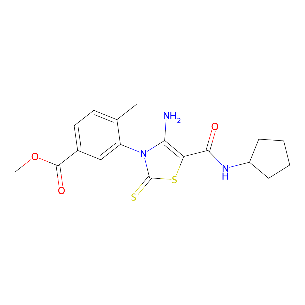 Methyl 3-[4-amino-5-(cyclopentylcarbamoyl)-2-sulfanylidene-2,3-dihydro-1,3-thiazol-3-yl]-4-methylbenzoate molecular structure, CAS 1021252-94-7